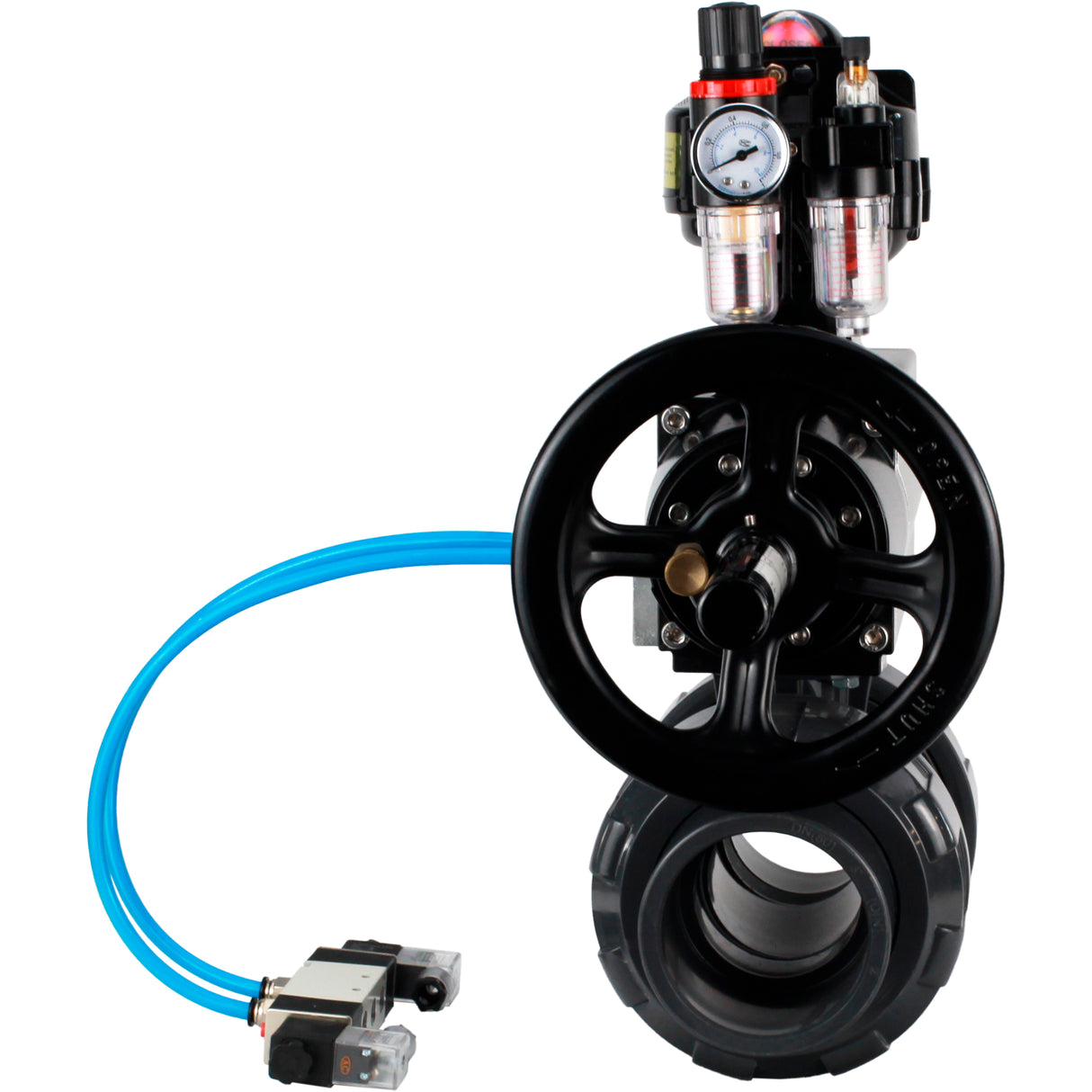 Ball valves Elephant BV4242E-FP-GRM-ISO, body material - UPVC, ball material - UPVC, seal - EPDM, with pneumatic actuator double action PA-DA-105-1, pneumatic distributor 4V320-08 220V, LSU APL-510N EX and ATU AFC2000