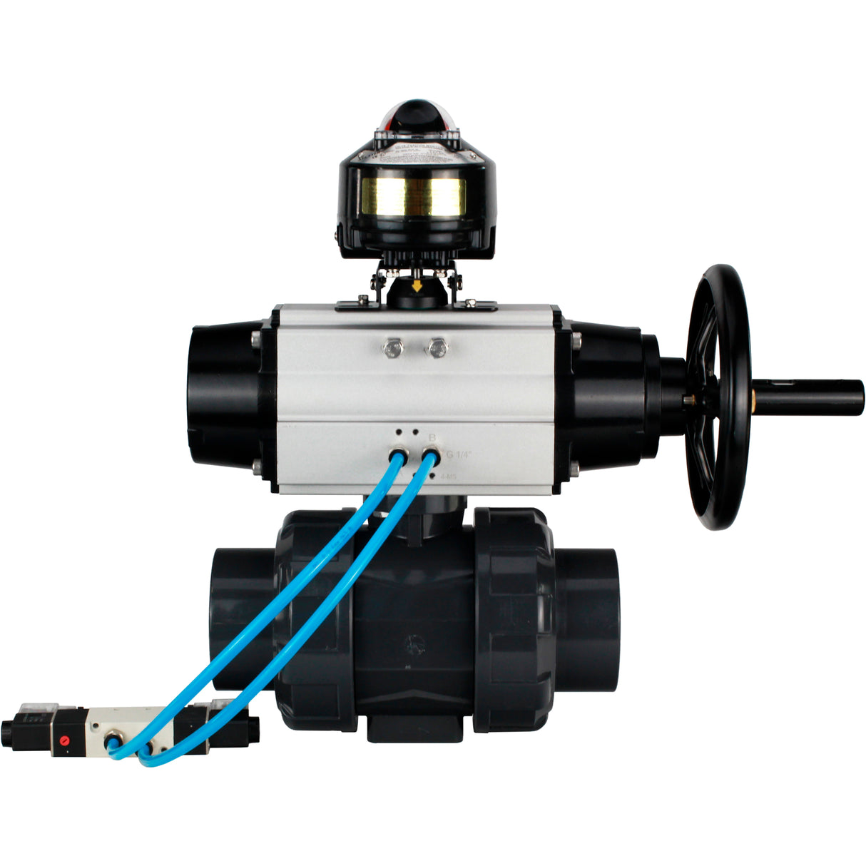 Ball valves Elephant BV4242E-FP-GRM-ISO, body material - UPVC, ball material - UPVC, seal - EPDM, with pneumatic actuator double action PA-DA-105-1, pneumatic distributor 4V320-10 220V and LSU APL-510N EX