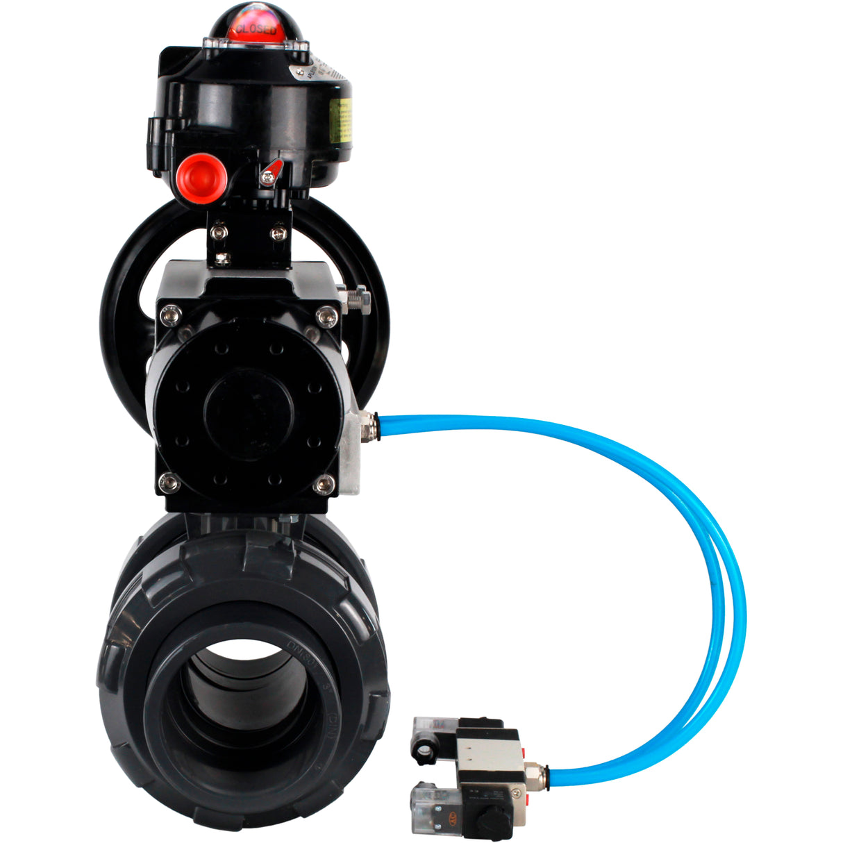 Ball valves Elephant BV4242E-FP-GRM-ISO, body material - UPVC, ball material - UPVC, seal - EPDM, with pneumatic actuator double action PA-DA-105-1, pneumatic distributor 4V320-10 220V and LSU APL-510N EX