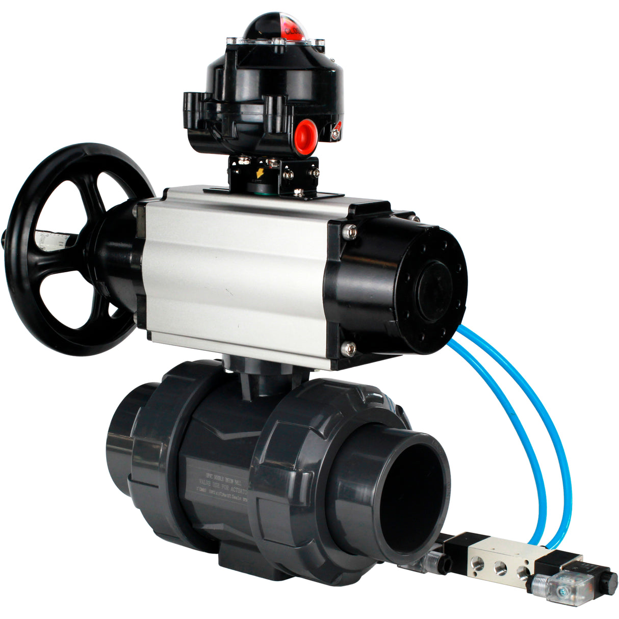 Ball valves Elephant BV4242E-FP-GRM-ISO, body material - UPVC, ball material - UPVC, seal - EPDM, with pneumatic actuator double action PA-DA-105-1, pneumatic distributor 4V320-10 220V and LSU APL-510N EX