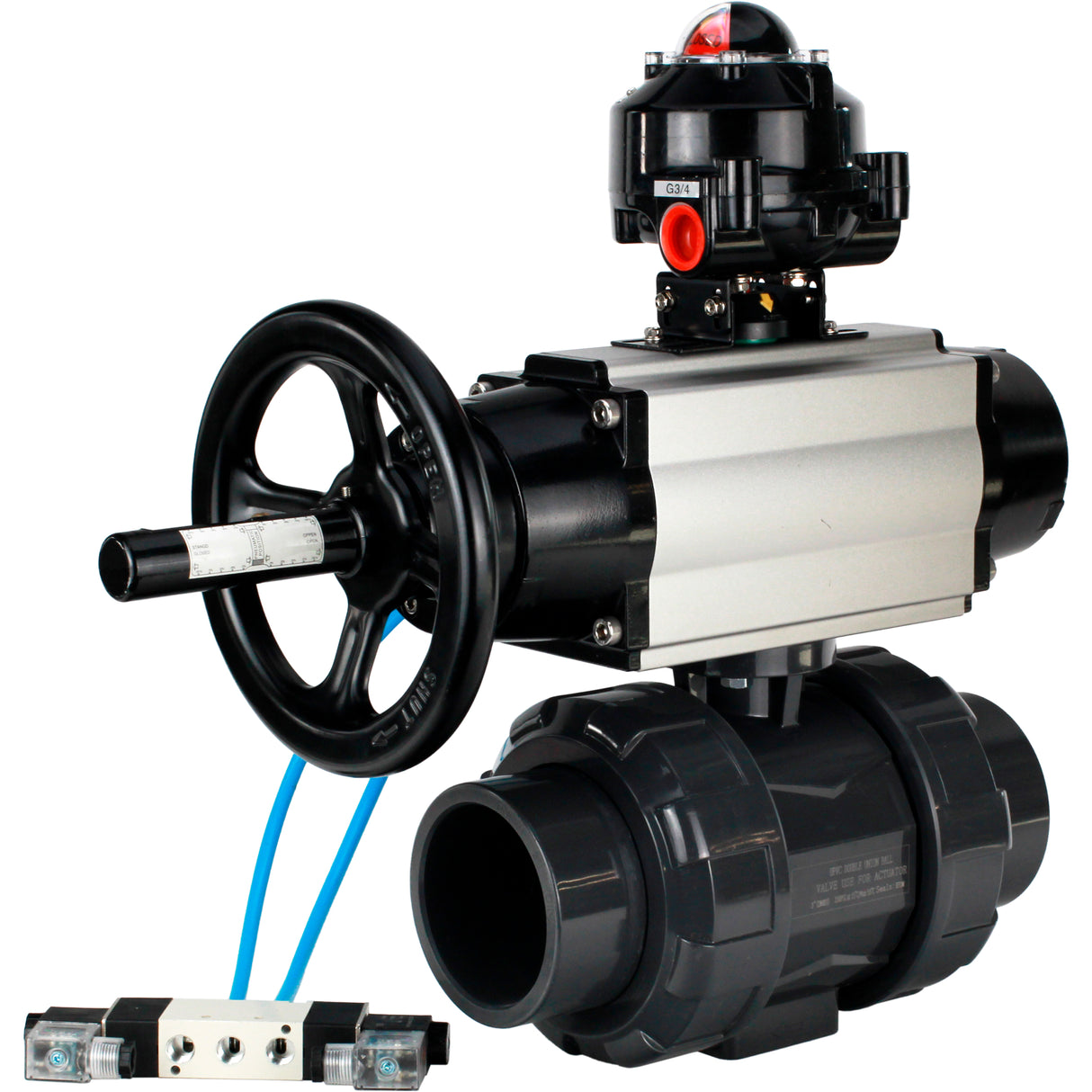 Ball valves Elephant BV4242E-FP-GRM-ISO, body material - UPVC, ball material - UPVC, seal - EPDM, with pneumatic actuator double action PA-DA-105-1, pneumatic distributor 4V320-10 220V and LSU APL-510N EX