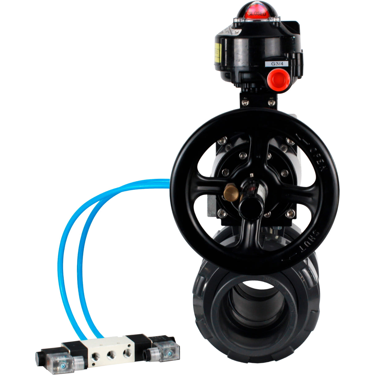 Ball valves Elephant BV4242E-FP-GRM-ISO, body material - UPVC, ball material - UPVC, seal - EPDM, with pneumatic actuator double action PA-DA-105-1, pneumatic distributor 4V320-10 220V and LSU APL-510N EX