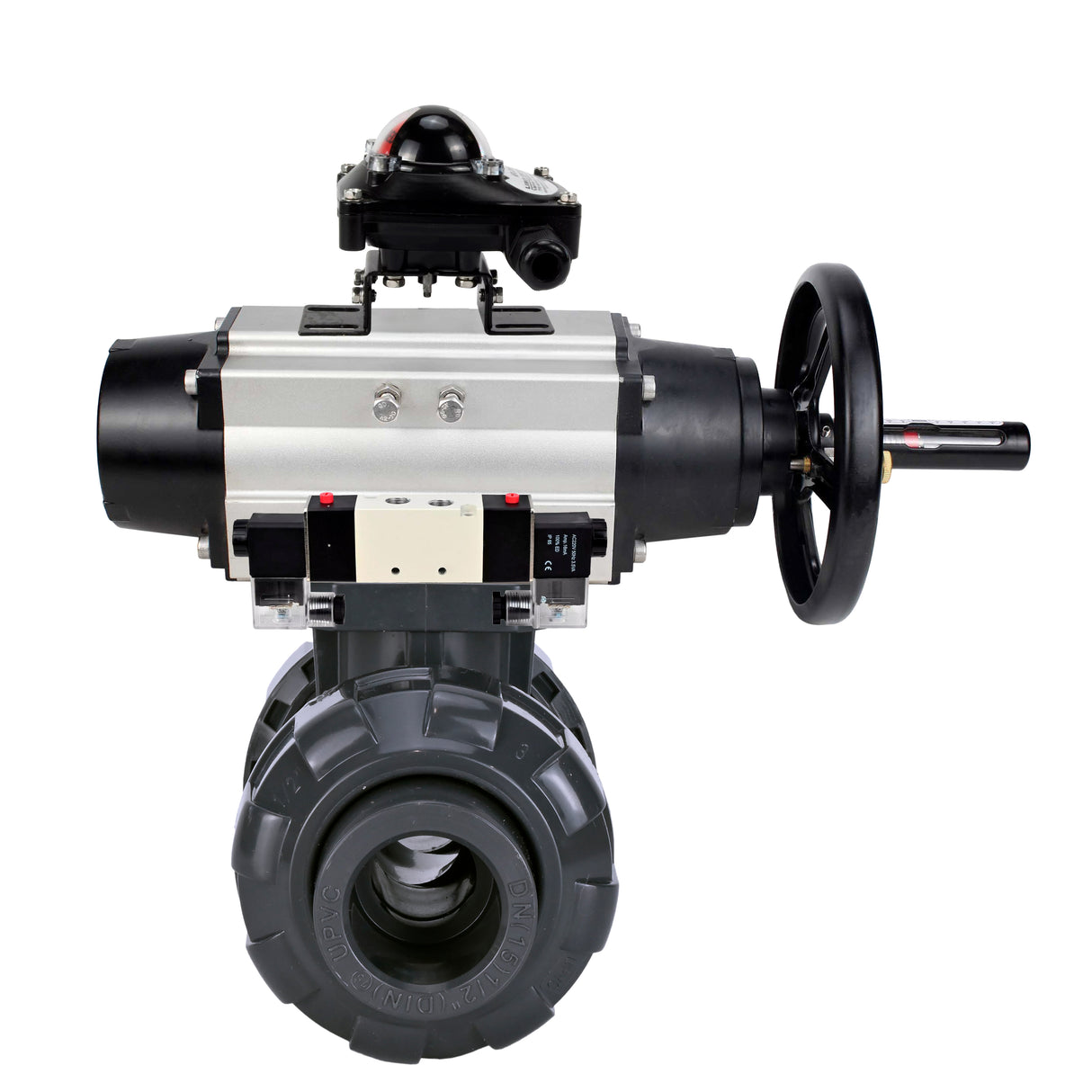 Ball valves Elephant BV4242E-FP-GRM-ISO, body material - UPVC, ball material - UPVC, seal - EPDM, with pneumatic actuator double action PA-DA-105-1, pneumatic distributor 4V320-08 220V and LSU APL-210N EX
