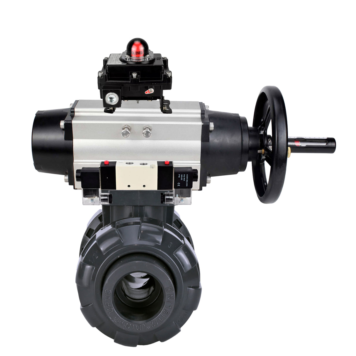Ball valves Elephant BV4242E-FP-GRM-ISO, body material - UPVC, ball material - UPVC, seal - EPDM, with pneumatic actuator double action PA-DA-105-1, pneumatic distributor 4V320-10 220V and LSU APL-410N EX