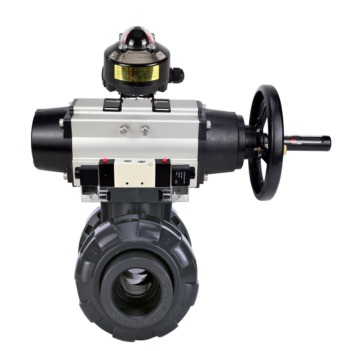 Ball valves Elephant BV4242E-FP-GRM-ISO, body material - UPVC, ball material - UPVC, seal - EPDM, with pneumatic actuator double action PA-DA-105-1, pneumatic distributor 4V320-08 220V and LSU APL-510N EX