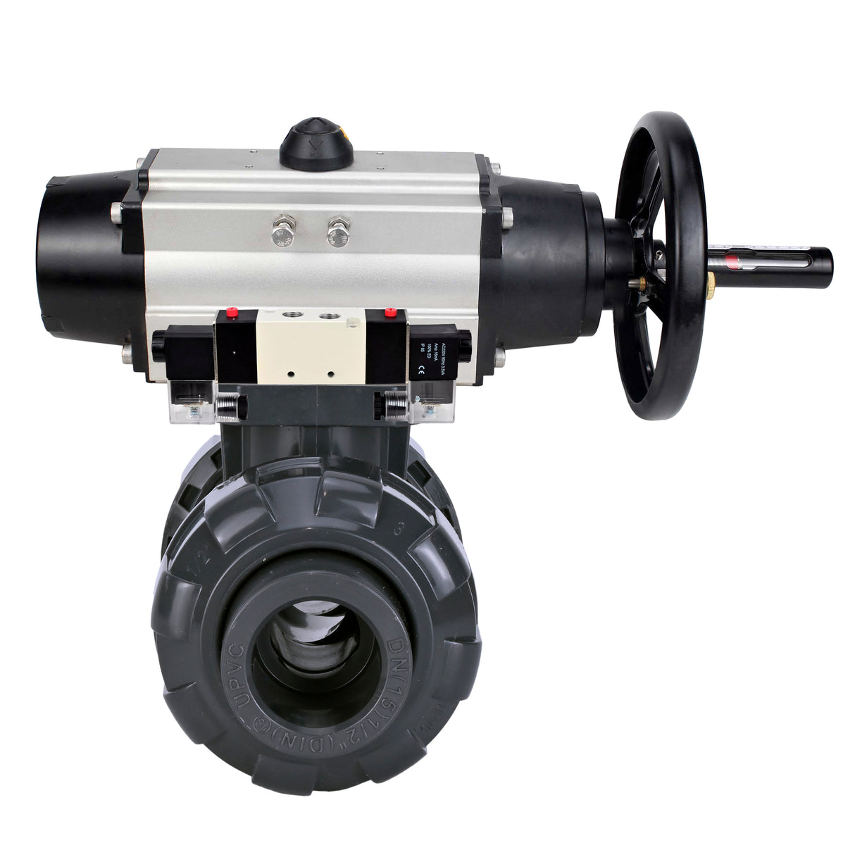 Ball valves Elephant BV4242E-FP-GRM-ISO, body material - UPVC, ball material - UPVC, seal - EPDM, with pneumatic actuator double action PA-DA-105-1 and pneumatic distributor 4V320-08 220V