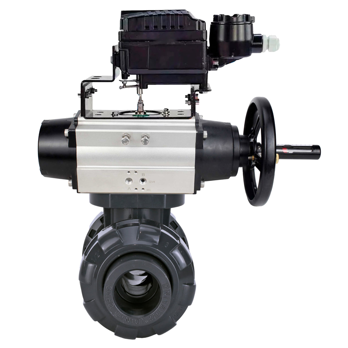 Ball valves Elephant BV4242E-FP-GRM-ISO, body material - UPVC, ball material - UPVC, seal - EPDM, with pneumatic actuator double action PA-DA-105-1 and electro-pneumatic rotary positioner YT-1000RSN without feedback