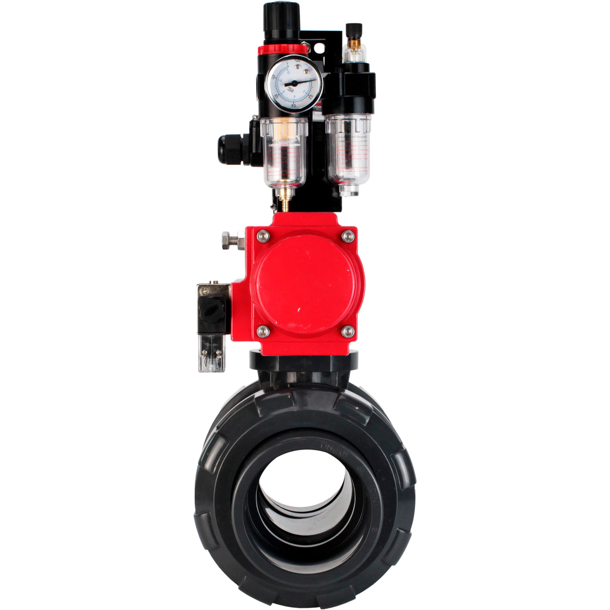 Ball valves Elephant BV4242E-FP-GRM-ISO, body material - UPVC, ball material - UPVC, seal - EPDM, with pneumatic actuator double action PA-DA, pneumatic distributor 4M310-08 24V, LSU APL-210N and ATU AFC2000