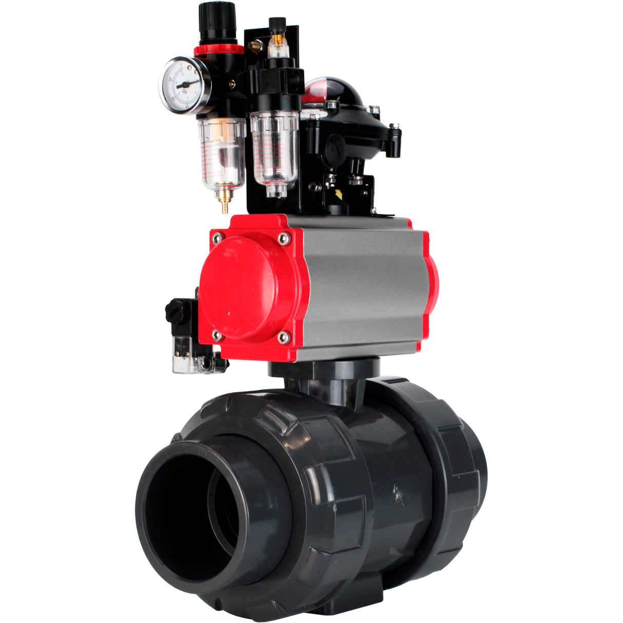 Ball valves Elephant BV4242E-FP-GRM-ISO, body material - UPVC, ball material - UPVC, seal - EPDM, with pneumatic actuator double action PA-DA, pneumatic distributor 4M310-08 24V, LSU APL-210N and ATU AFC2000