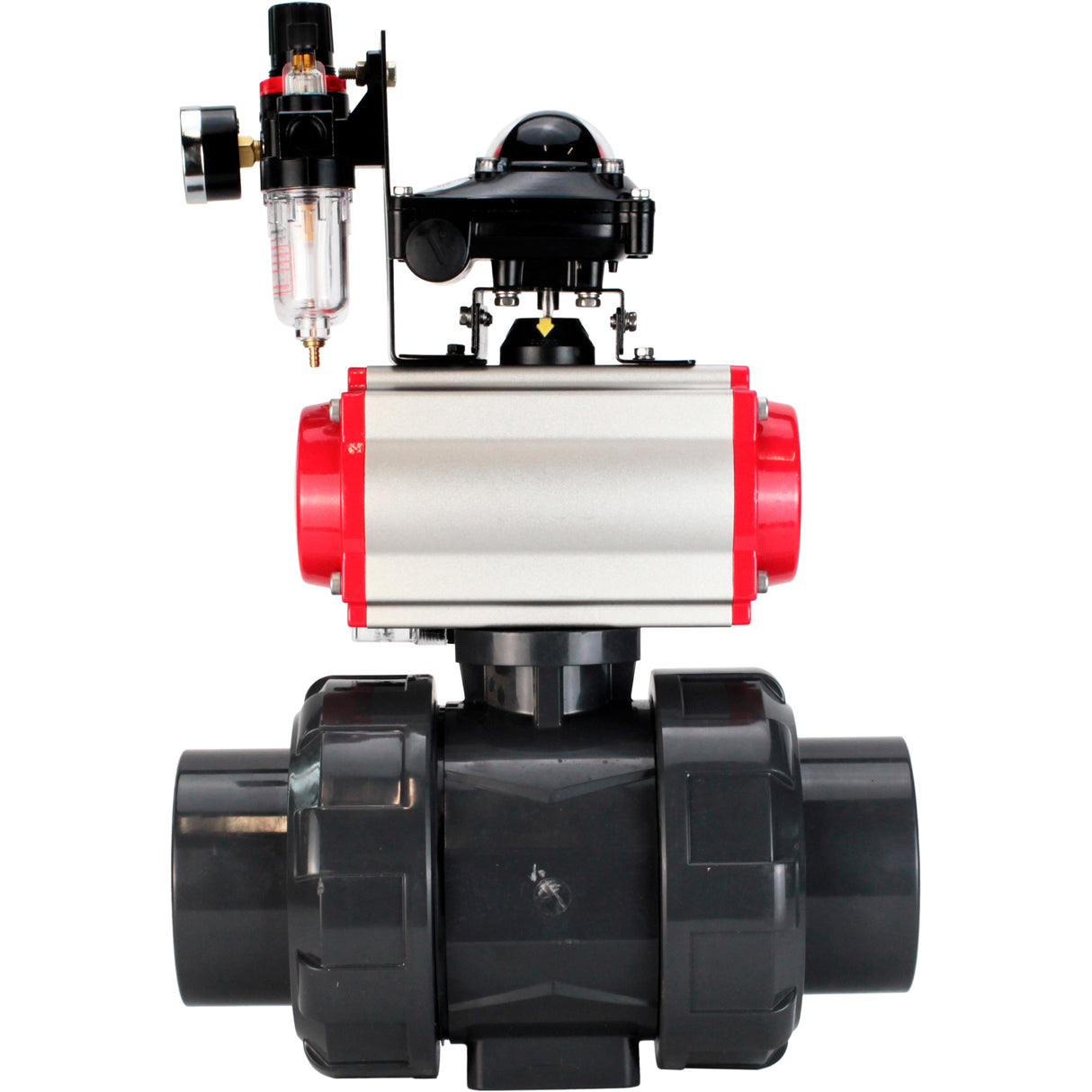 Ball valves Elephant BV4242E-FP-GRM-ISO, body material - UPVC, ball material - UPVC, seal - EPDM, with pneumatic actuator double action PA-DA, pneumatic distributor 4M310-08 24V, LSU APL-210N and ATU AFC2000