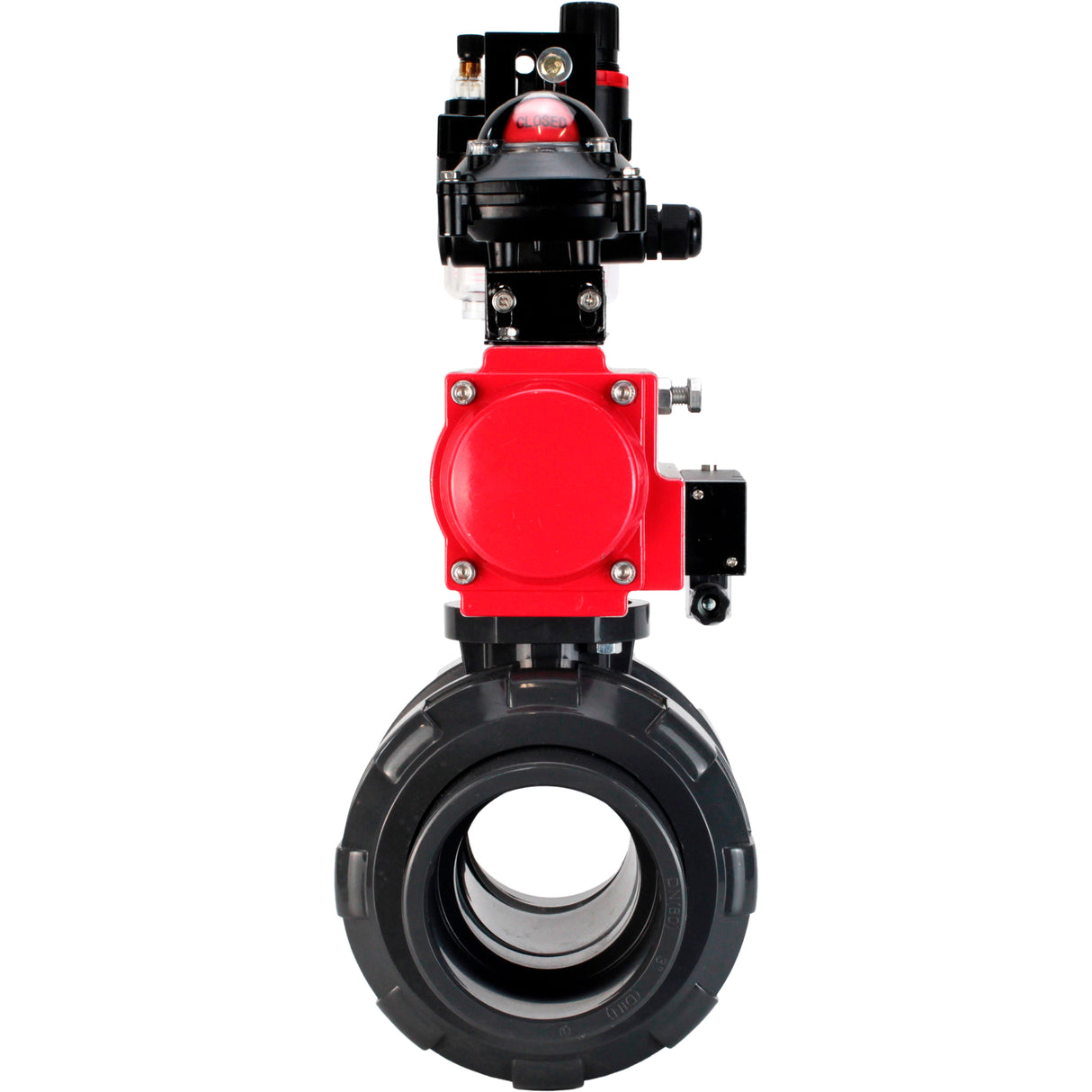 Ball valves Elephant BV4242E-FP-GRM-ISO, body material - UPVC, ball material - UPVC, seal - EPDM, with pneumatic actuator double action PA-DA, pneumatic distributor 4M310-08 24V, LSU APL-210N and ATU AFC2000