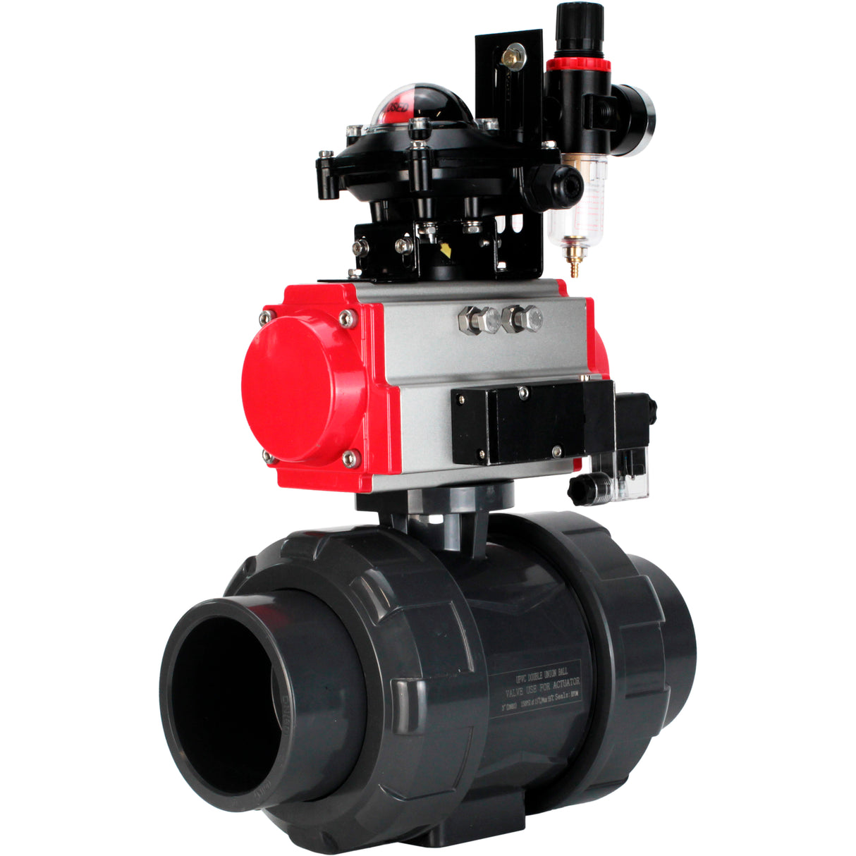 Ball valves Elephant BV4242E-FP-GRM-ISO, body material - UPVC, ball material - UPVC, seal - EPDM, with pneumatic actuator double action PA-DA, pneumatic distributor 4M310-08 24V, LSU APL-210N and ATU AFC2000