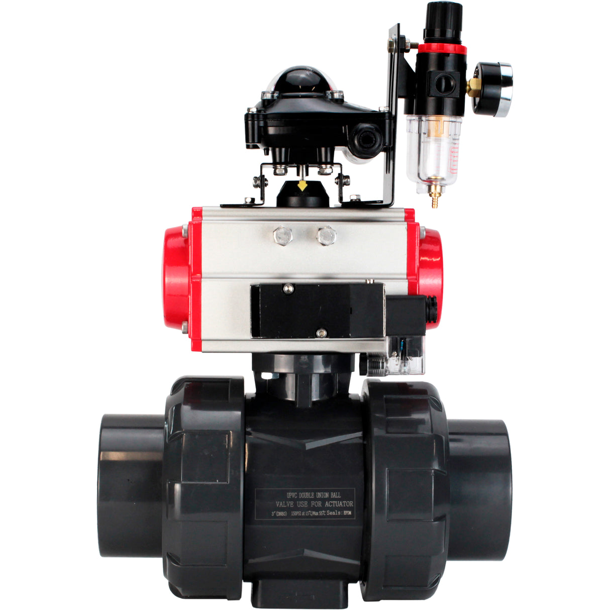 Ball valves Elephant BV4242E-FP-GRM-ISO, body material - UPVC, ball material - UPVC, seal - EPDM, with pneumatic actuator double action PA-DA, pneumatic distributor 4M310-08 24V, LSU APL-210N and ATU AFC2000