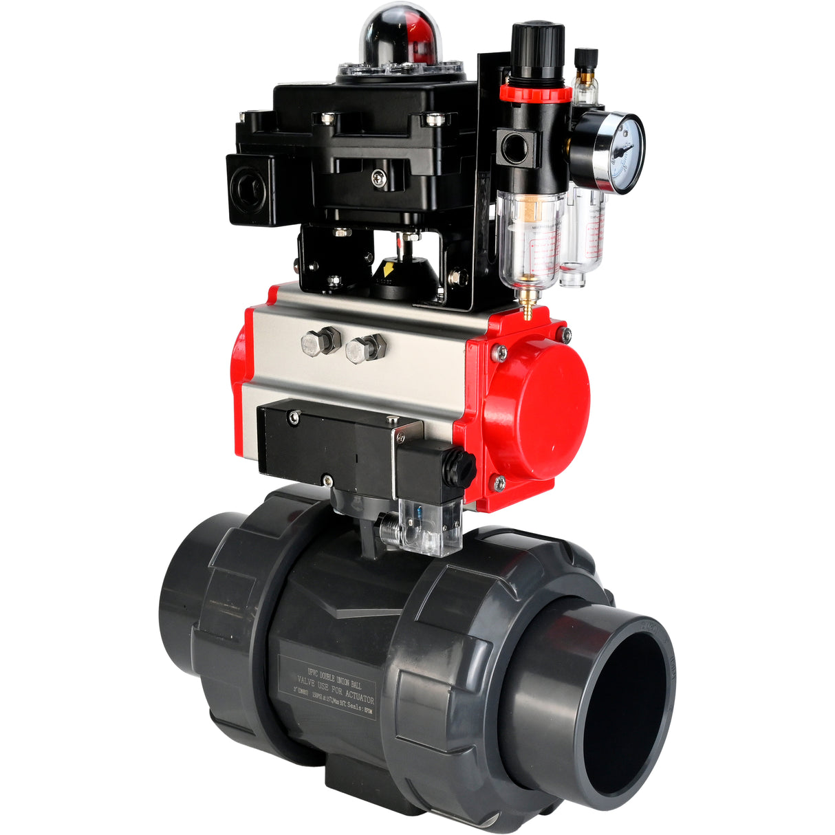 Ball valves Elephant BV4242E-FP-GRM-ISO, body material - UPVC, ball material - UPVC, seal - EPDM, with pneumatic actuator double action PA-DA, pneumatic distributor 4M310-08 220V, LSU APL-410N EX and ATU AFC2000