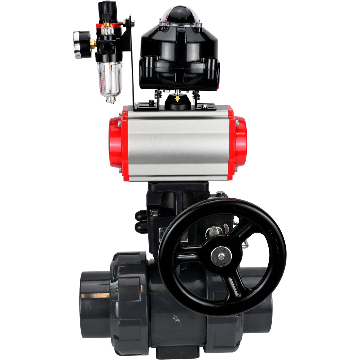 Ball valves Elephant BV4242E-FP-GRM-ISO, body material - UPVC, ball material - UPVC, seal - EPDM, with pneumatic actuator double action PA-DA, pneumatic distributor 4M310-08 24V, LSU APL-510N EX, ATU AFC2000 and handwheel MON