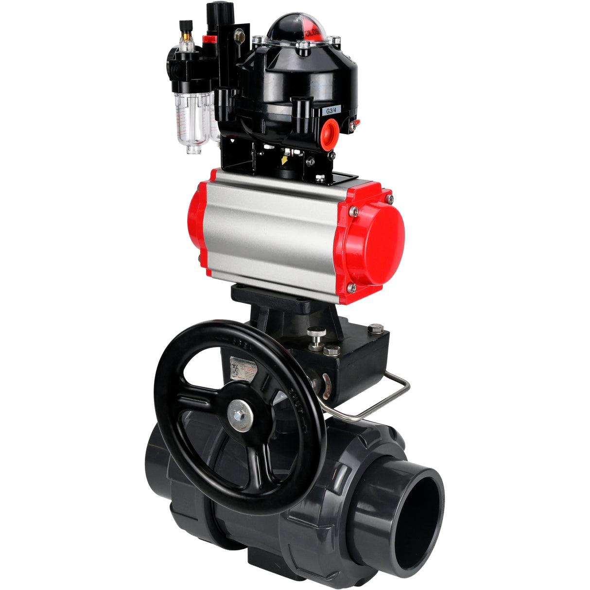 Ball valves Elephant BV4242E-FP-GRM-ISO, body material - UPVC, ball material - UPVC, seal - EPDM, with pneumatic actuator double action PA-DA, pneumatic distributor 4M310-08 24V, LSU APL-510N EX, ATU AFC2000 and handwheel MON