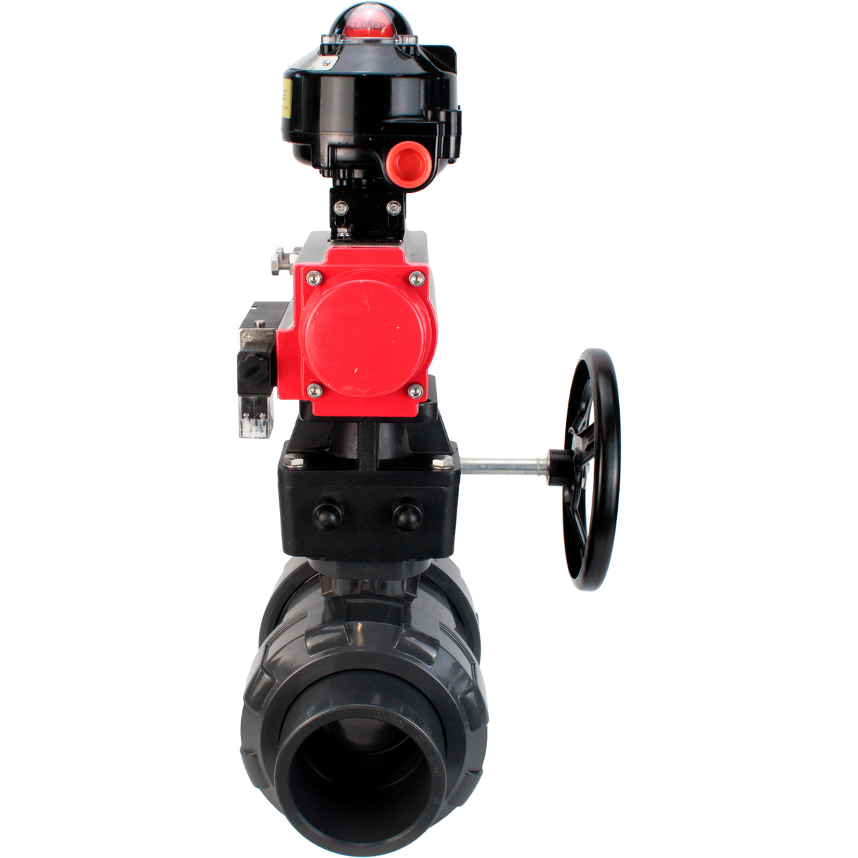 Ball valves Elephant BV4242E-FP-GRM-ISO, body material - UPVC, ball material - UPVC, seal - EPDM, with pneumatic actuator double action PA-DA, pneumatic distributor 4M310-08 220V, LSU APL-510N EX and handwheel MON