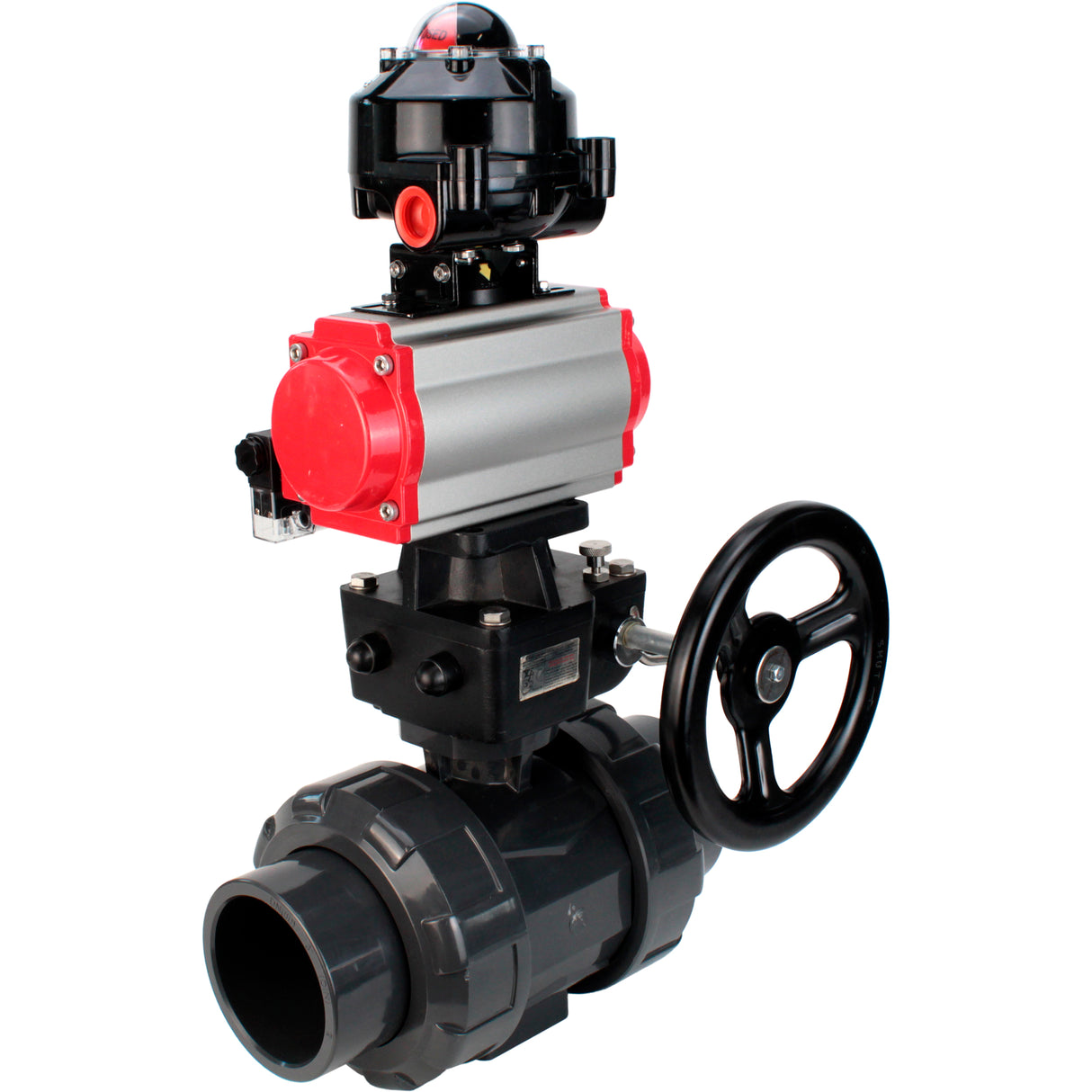 Ball valves Elephant BV4242E-FP-GRM-ISO, body material - UPVC, ball material - UPVC, seal - EPDM, with pneumatic actuator double action PA-DA, pneumatic distributor 4M310-08 220V, LSU APL-510N EX and handwheel MON