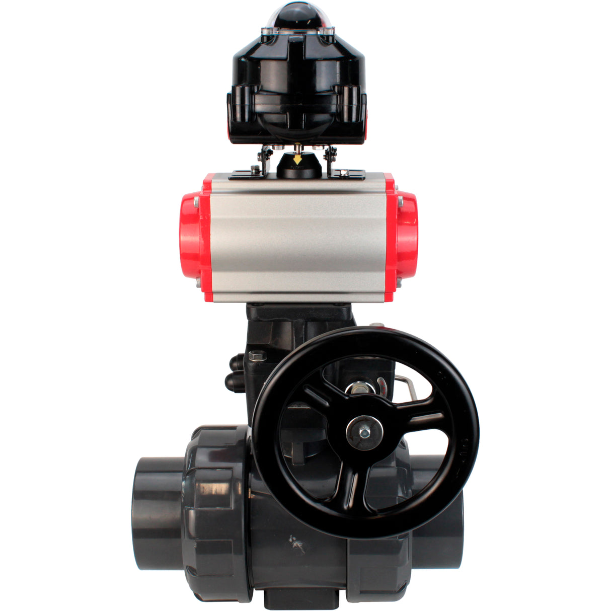 Ball valves Elephant BV4242E-FP-GRM-ISO, body material - UPVC, ball material - UPVC, seal - EPDM, with pneumatic actuator double action PA-DA, pneumatic distributor 4M310-08 220V, LSU APL-510N EX and handwheel MON