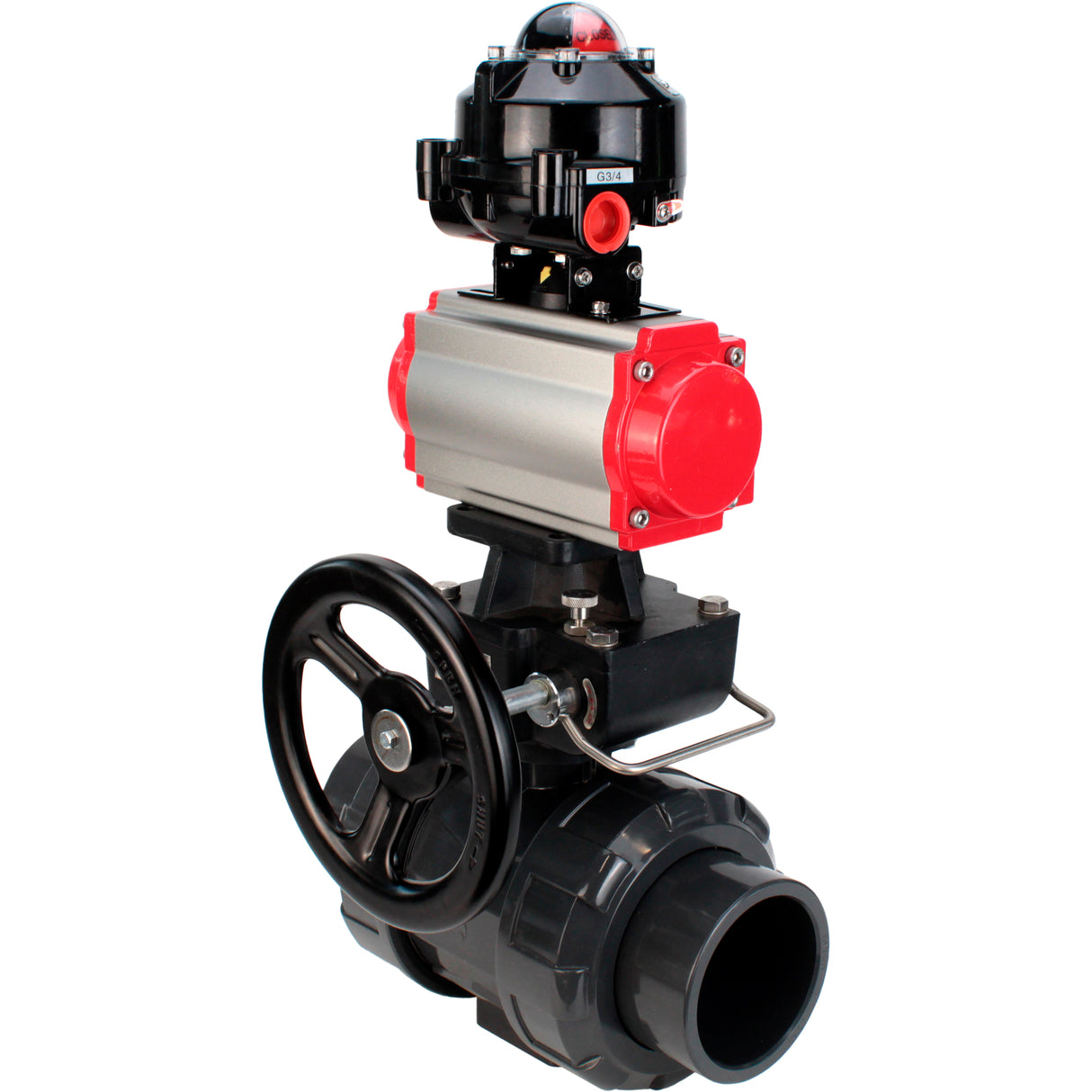 Ball valves Elephant BV4242E-FP-GRM-ISO, body material - UPVC, ball material - UPVC, seal - EPDM, with pneumatic actuator double action PA-DA, pneumatic distributor 4M310-08 220V, LSU APL-510N EX and handwheel MON