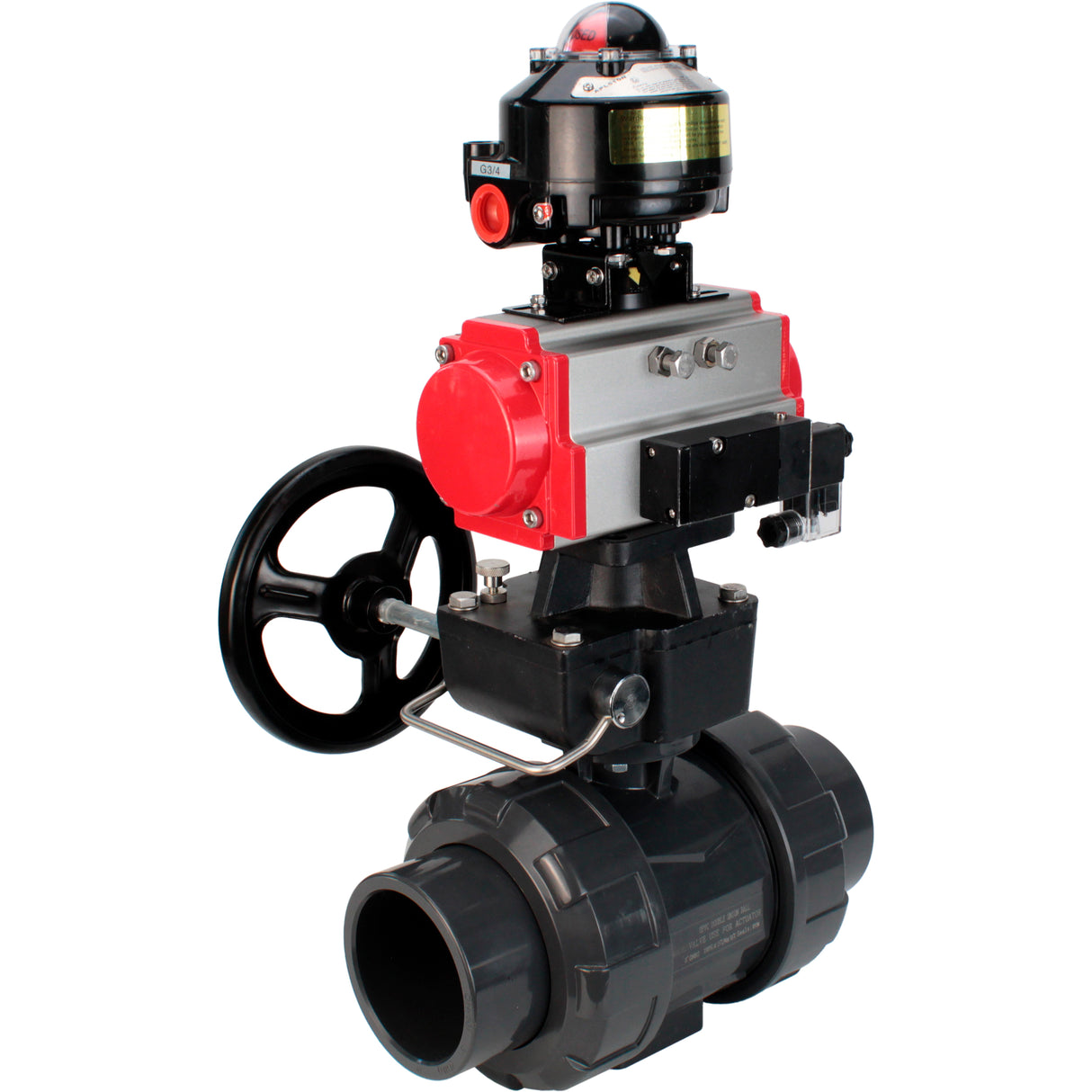 Ball valves Elephant BV4242E-FP-GRM-ISO, body material - UPVC, ball material - UPVC, seal - EPDM, with pneumatic actuator double action PA-DA, pneumatic distributor 4M310-08 220V, LSU APL-510N EX and handwheel MON