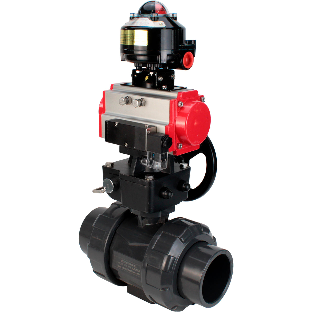 Ball valves Elephant BV4242E-FP-GRM-ISO, body material - UPVC, ball material - UPVC, seal - EPDM, with pneumatic actuator double action PA-DA, pneumatic distributor 4M310-08 220V, LSU APL-510N EX and handwheel MON