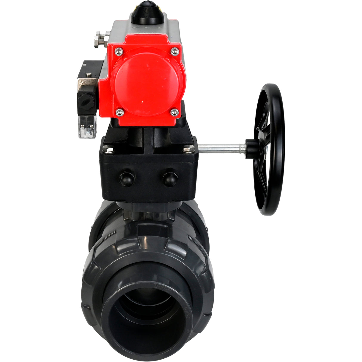 Ball valves Elephant BV4242E-FP-GRM-ISO, body material - UPVC, ball material - UPVC, seal - EPDM, with pneumatic actuator double action PA-DA, pneumatic distributor 4M310-08 24V and handwheel MON