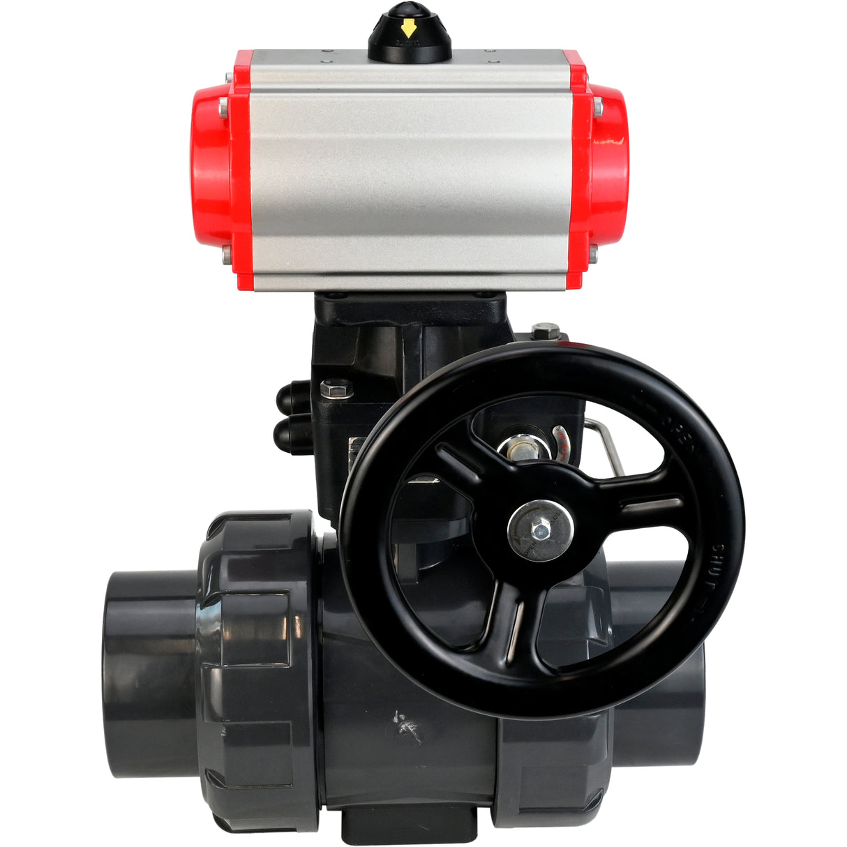 Ball valves Elephant BV4242E-FP-GRM-ISO, body material - UPVC, ball material - UPVC, seal - EPDM, with pneumatic actuator double action PA-DA, pneumatic distributor 4M310-08 24V and handwheel MON
