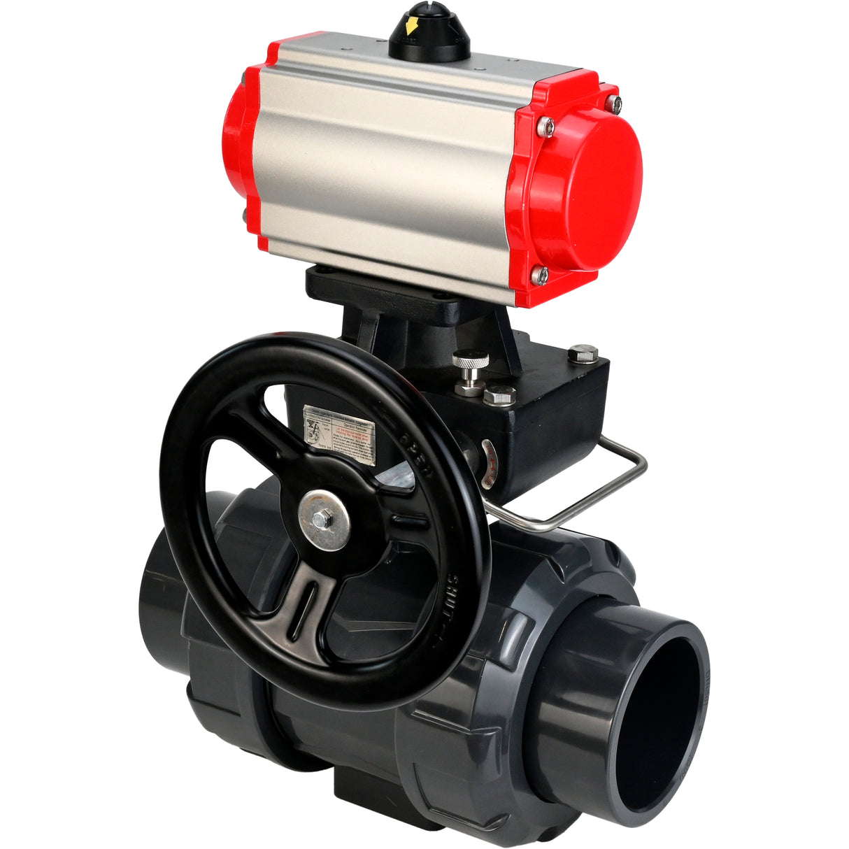 Ball valves Elephant BV4242E-FP-GRM-ISO, body material - UPVC, ball material - UPVC, seal - EPDM, with pneumatic actuator double action PA-DA, pneumatic distributor 4M310-08 24V and handwheel MON