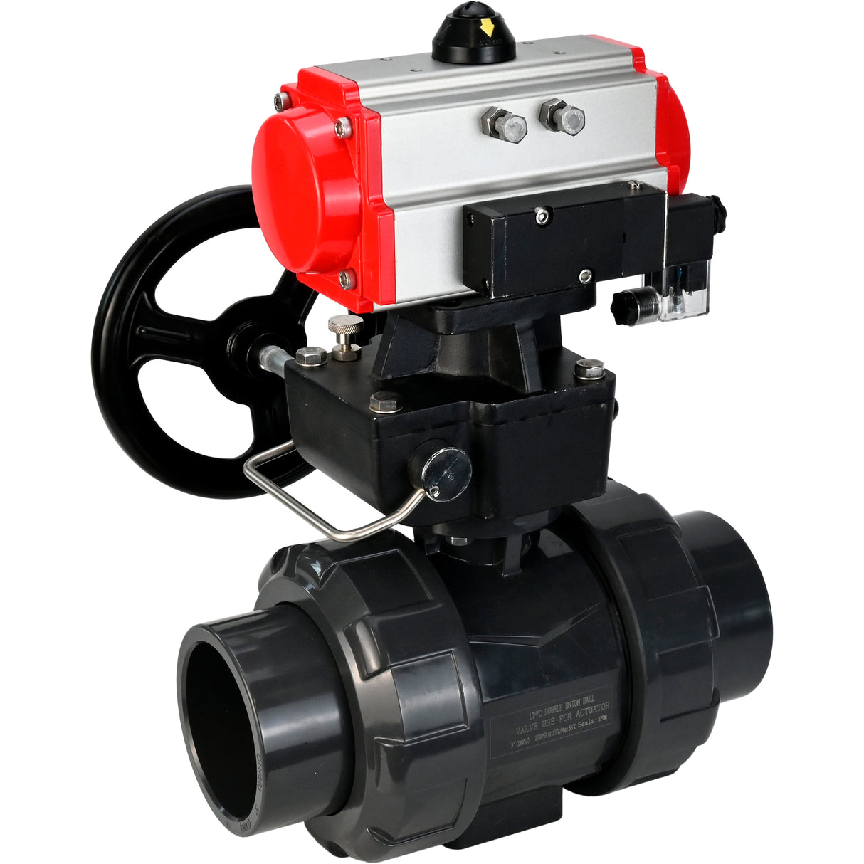 Ball valves Elephant BV4242E-FP-GRM-ISO, body material - UPVC, ball material - UPVC, seal - EPDM, with pneumatic actuator double action PA-DA, pneumatic distributor 4M310-08 24V and handwheel MON