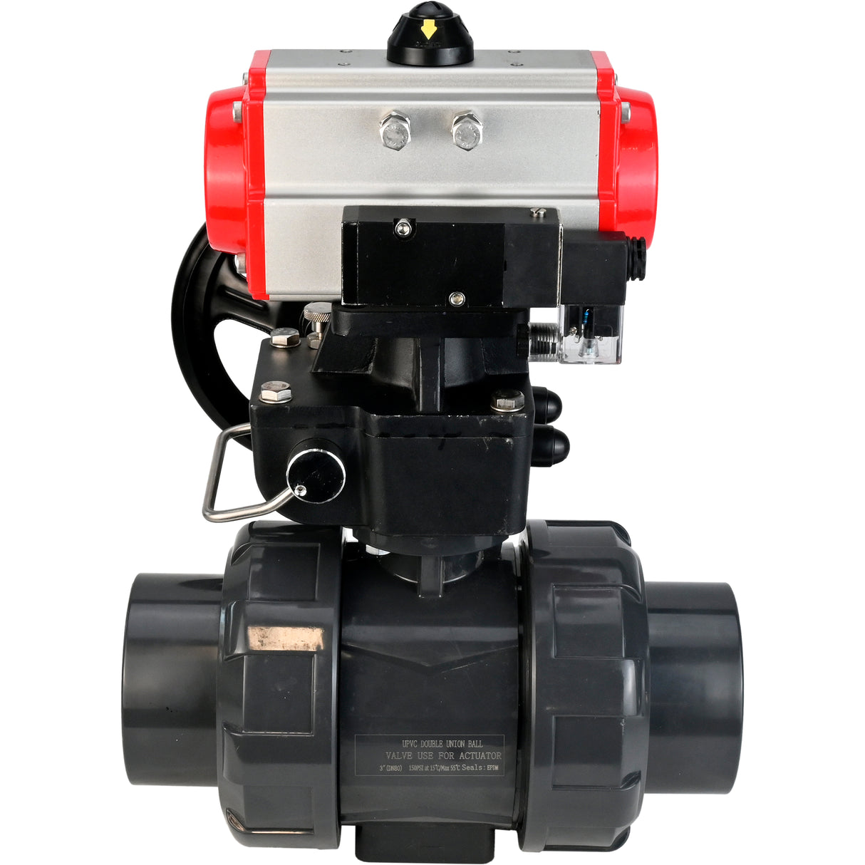 Ball valves Elephant BV4242E-FP-GRM-ISO, body material - UPVC, ball material - UPVC, seal - EPDM, with pneumatic actuator double action PA-DA, pneumatic distributor 4M310-08 24V and handwheel MON