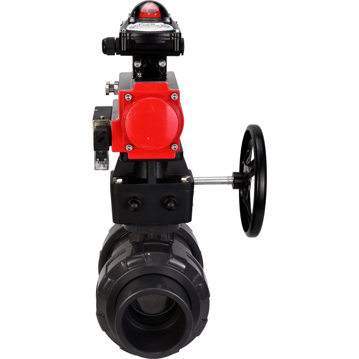 Ball valves Elephant BV4242E-FP-GRM-ISO, body material - UPVC, ball material - UPVC, seal - EPDM, with pneumatic actuator double action PA-DA, pneumatic distributor 4M310-08 220V, LSU APL-210N EX and handwheel MON