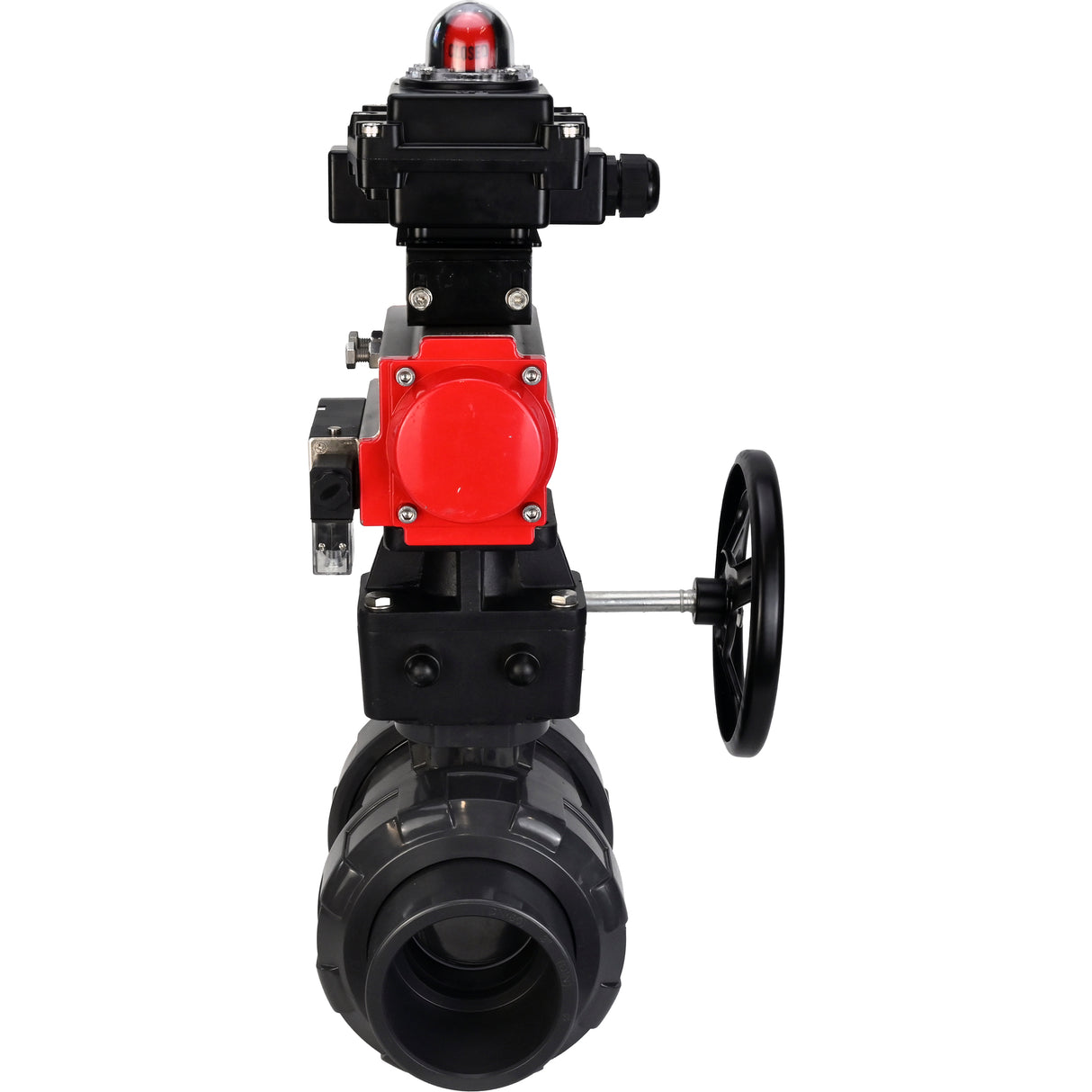 Ball valves Elephant BV4242E-FP-GRM-ISO, body material - UPVC, ball material - UPVC, seal - EPDM, with pneumatic actuator double action PA-DA, pneumatic distributor 4M310-08 220V, LSU APL-410N EX and handwheel MON