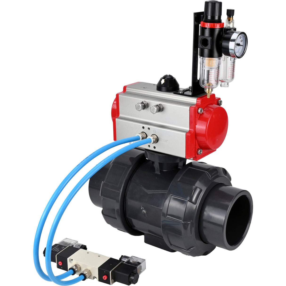 Ball valves Elephant BV4242E-FP-GRM-ISO, body material - UPVC, ball material - UPVC, seal - EPDM, with pneumatic actuator double action PA-DA, pneumatic distributor 4V320-08 220V and ATU AFC2000