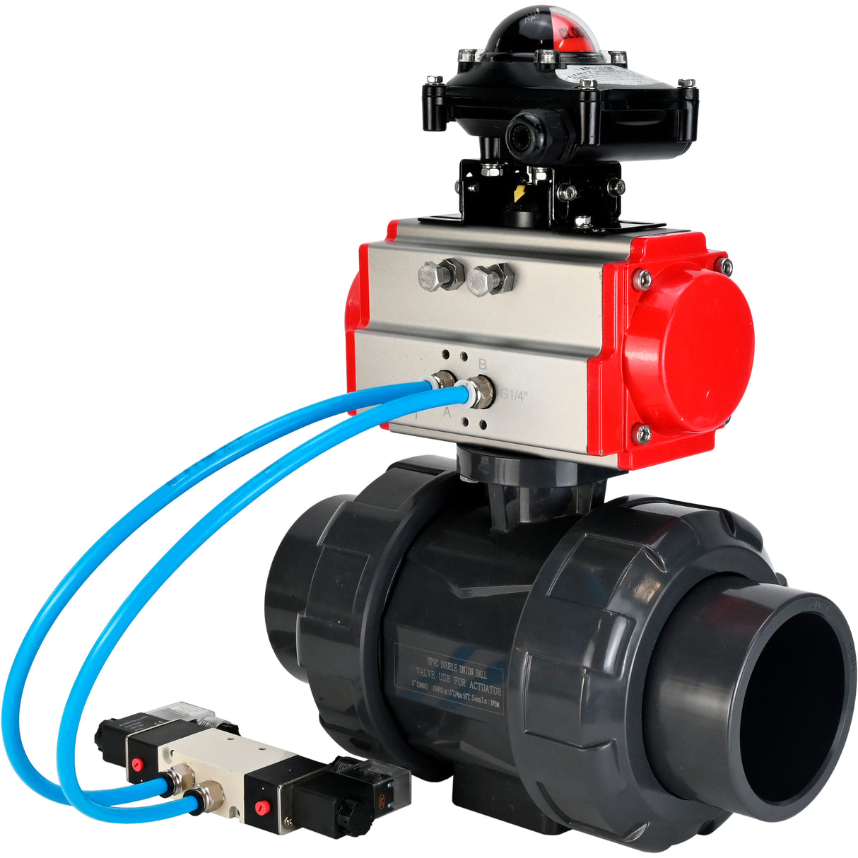Ball valves Elephant BV4242E-FP-GRM-ISO, body material - UPVC, ball material - UPVC, seal - EPDM, with pneumatic actuator double action PA-DA, pneumatic distributor 4V320-10 220V and LSU APL-210N