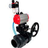 Ball valves Elephant BV4242E-FP-GRM-ISO, body material - UPVC, ball material - UPVC, seal - EPDM, with pneumatic actuator double action PA-DA, pneumatic distributor 4V320-08 220V, ATU AFC2000 and handwheel MON
