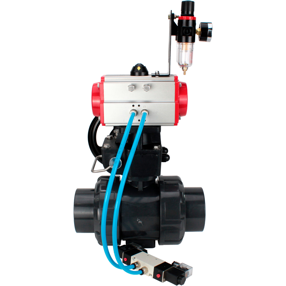 Ball valves Elephant BV4242E-FP-GRM-ISO, body material - UPVC, ball material - UPVC, seal - EPDM, with pneumatic actuator double action PA-DA, pneumatic distributor 4V320-08 220V, ATU AFC2000 and handwheel MON