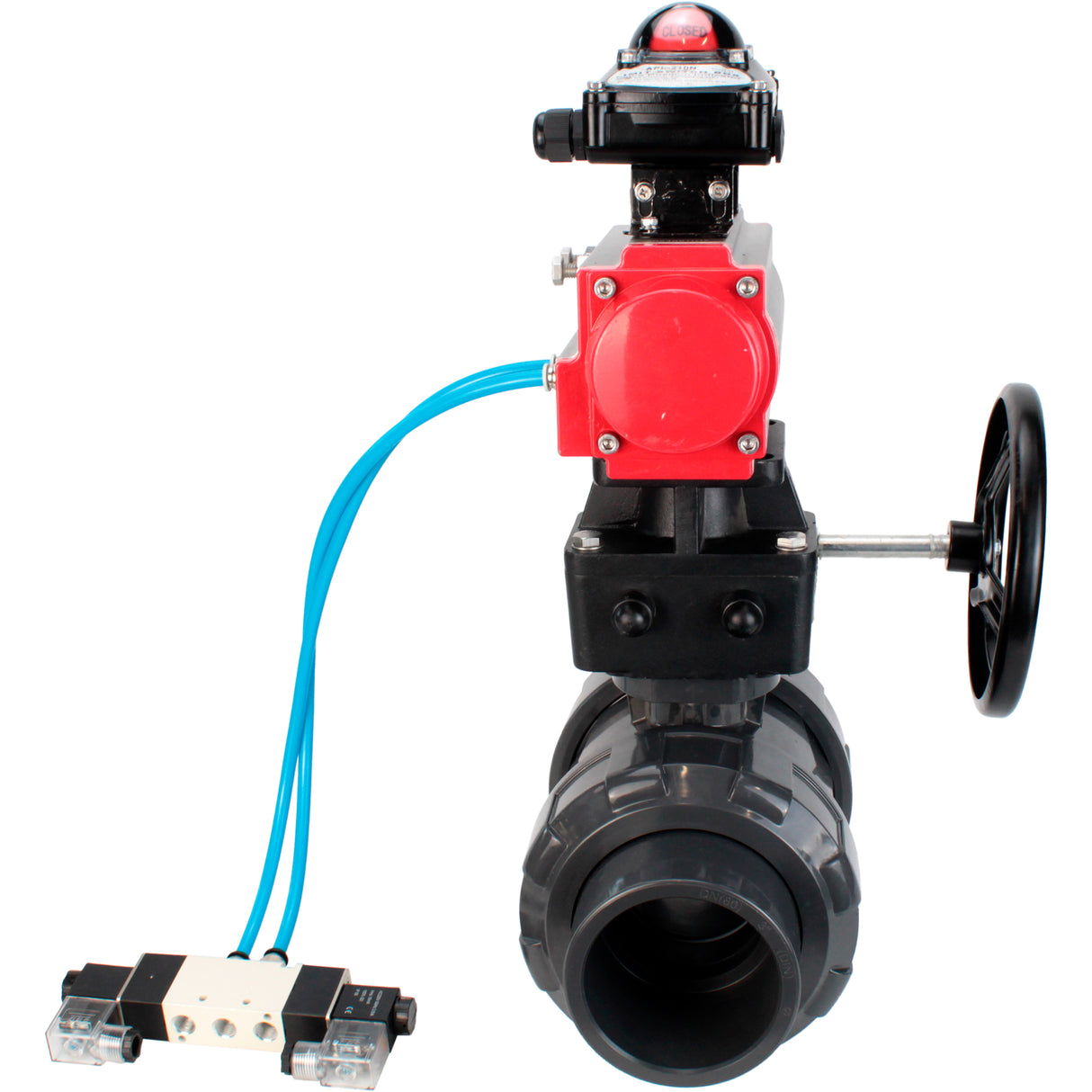 Ball valves Elephant BV4242E-FP-GRM-ISO, body material - UPVC, ball material - UPVC, seal - EPDM, with pneumatic actuator double action PA-DA, pneumatic distributor 4V320-08 220V, LSU APL-210N EX and handwheel MON