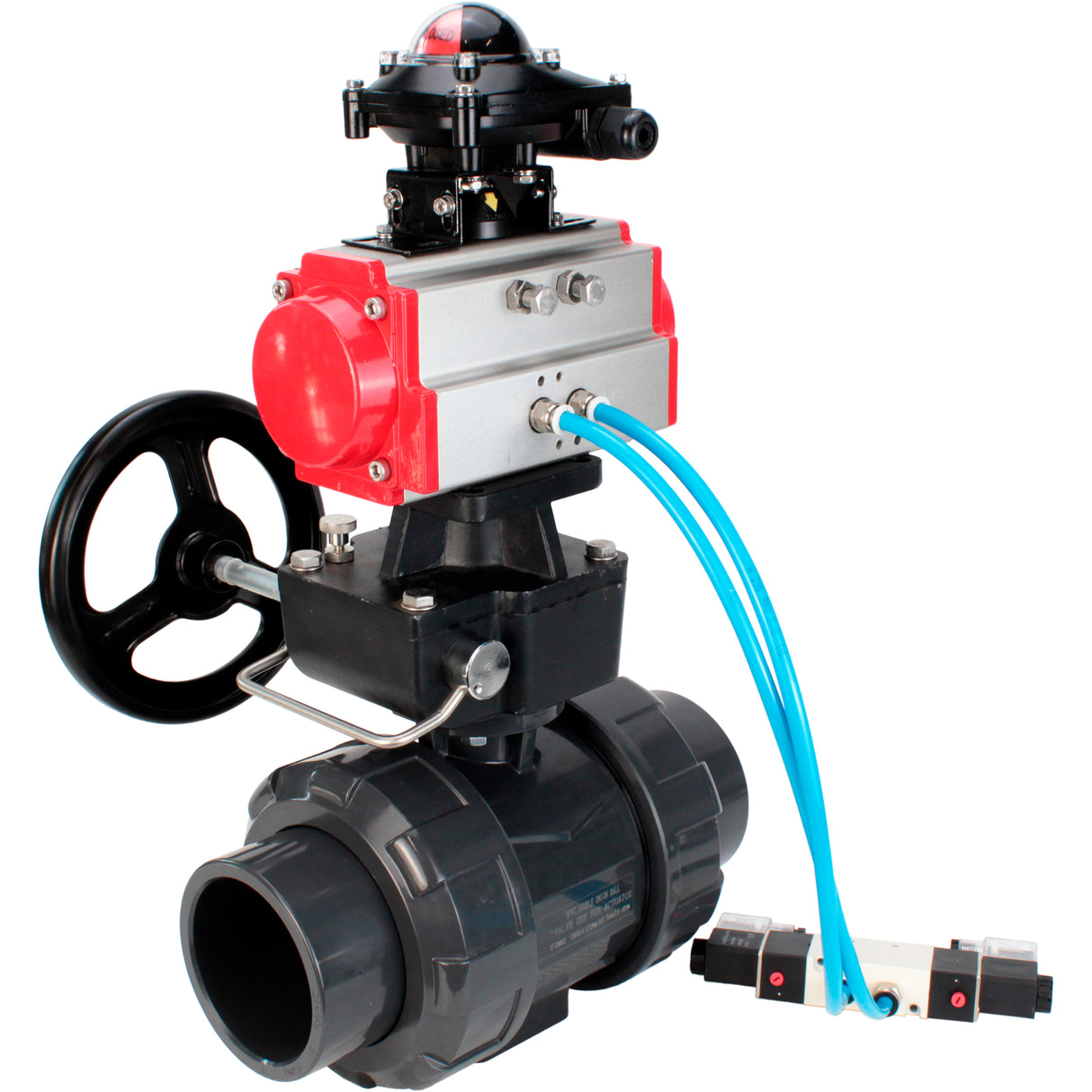 Ball valves Elephant BV4242E-FP-GRM-ISO, body material - UPVC, ball material - UPVC, seal - EPDM, with pneumatic actuator double action PA-DA, pneumatic distributor 4V320-08 220V, LSU APL-210N EX and handwheel MON