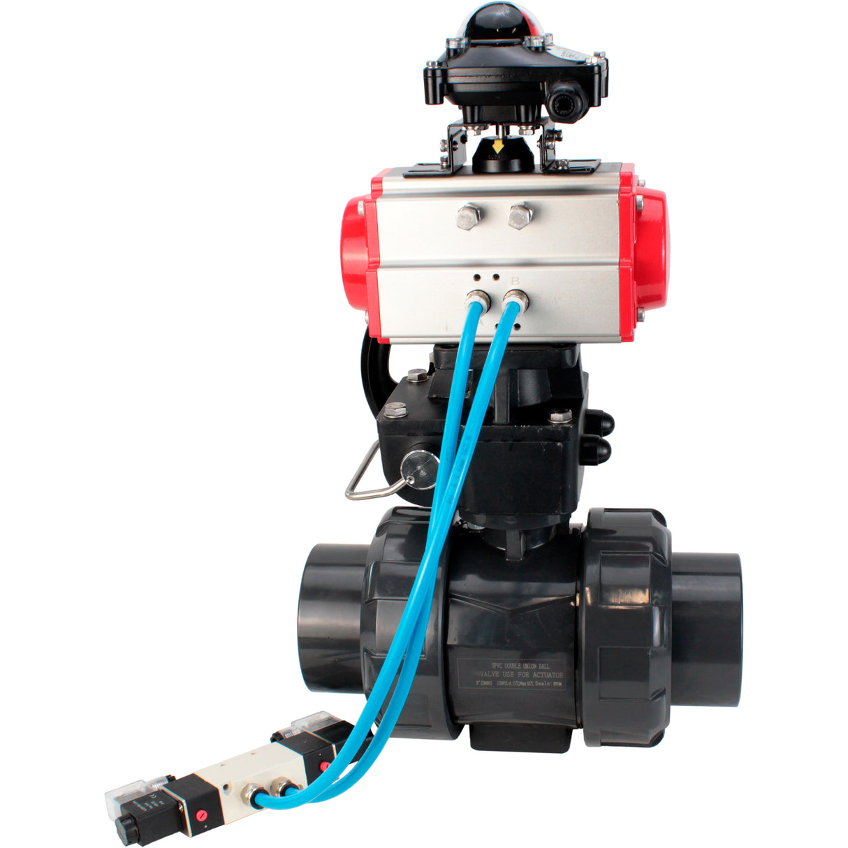 Ball valves Elephant BV4242E-FP-GRM-ISO, body material - UPVC, ball material - UPVC, seal - EPDM, with pneumatic actuator double action PA-DA, pneumatic distributor 4V320-08 220V, LSU APL-210N EX and handwheel MON