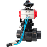 Ball valves Elephant BV4242E-FP-GRM-ISO, body material - UPVC, ball material - UPVC, seal - EPDM, with pneumatic actuator double action PA-DA, pneumatic distributor 4V320-08 220V, LSU APL-210N EX and handwheel MON