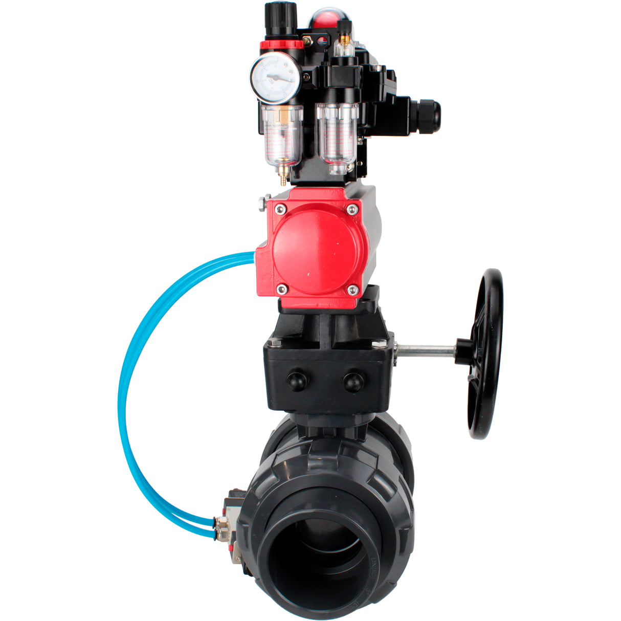 Ball valves Elephant BV4242E-FP-GRM-ISO, body material - UPVC, ball material - UPVC, seal - EPDM, with pneumatic actuator double action PA-DA, pneumatic distributor 4V320-08 220V, LSU APL-410N EX, ATU AFC2000 and handwheel MON