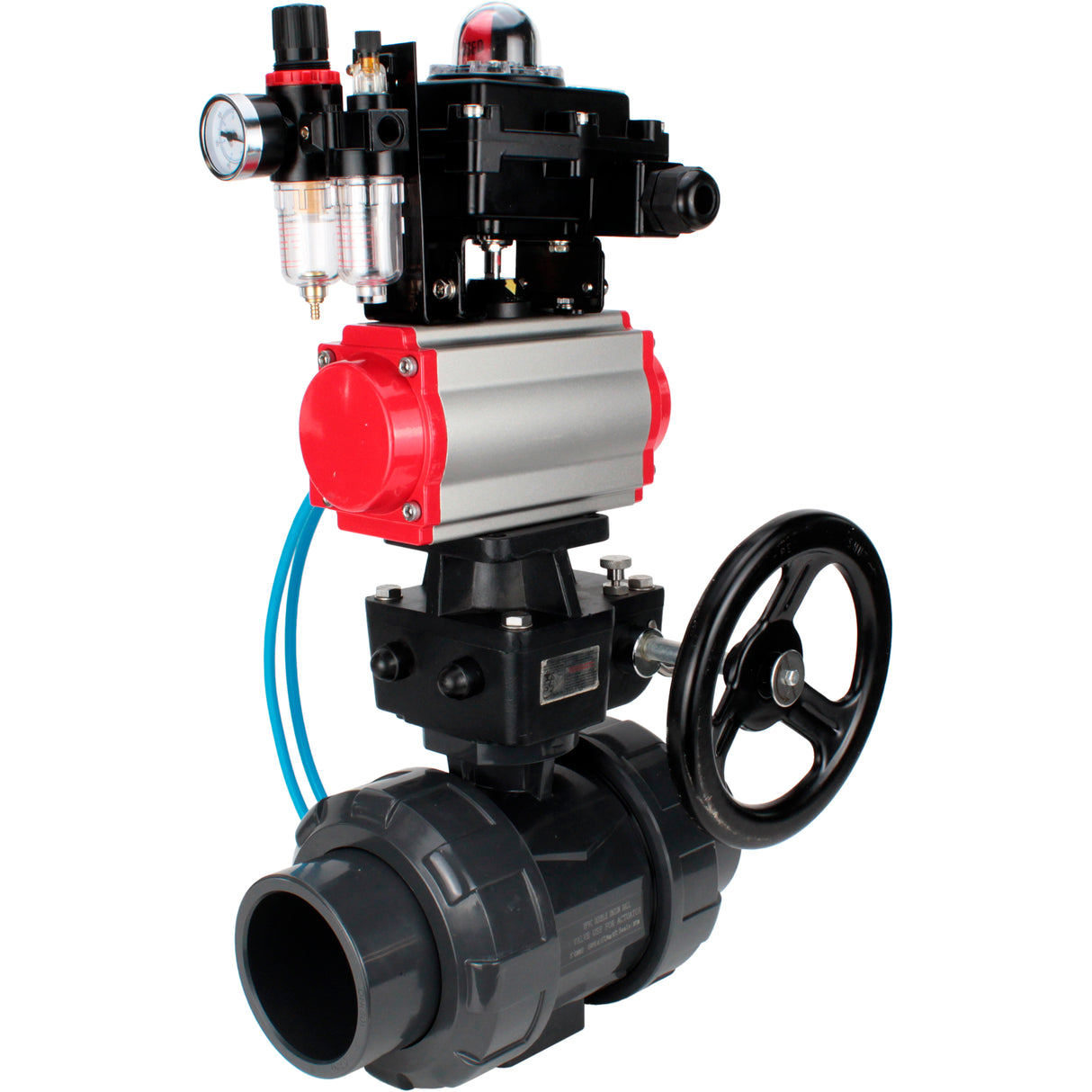 Ball valves Elephant BV4242E-FP-GRM-ISO, body material - UPVC, ball material - UPVC, seal - EPDM, with pneumatic actuator double action PA-DA, pneumatic distributor 4V320-08 220V, LSU APL-410N EX, ATU AFC2000 and handwheel MON