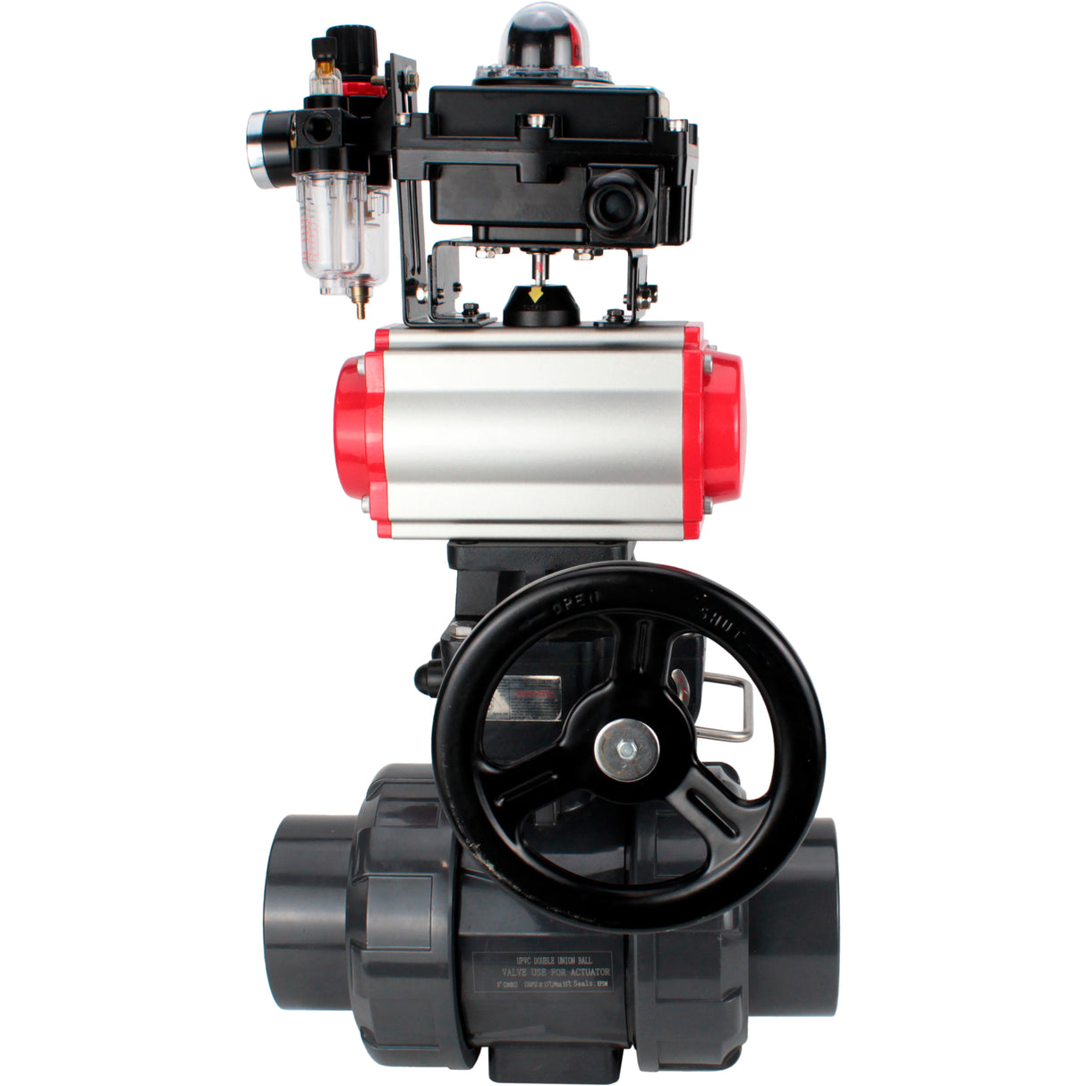 Ball valves Elephant BV4242E-FP-GRM-ISO, body material - UPVC, ball material - UPVC, seal - EPDM, with pneumatic actuator double action PA-DA, pneumatic distributor 4V320-08 220V, LSU APL-410N EX, ATU AFC2000 and handwheel MON