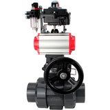 Ball valves Elephant BV4242E-FP-GRM-ISO, body material - UPVC, ball material - UPVC, seal - EPDM, with pneumatic actuator double action PA-DA, pneumatic distributor 4V320-08 220V, LSU APL-410N EX, ATU AFC2000 and handwheel MON