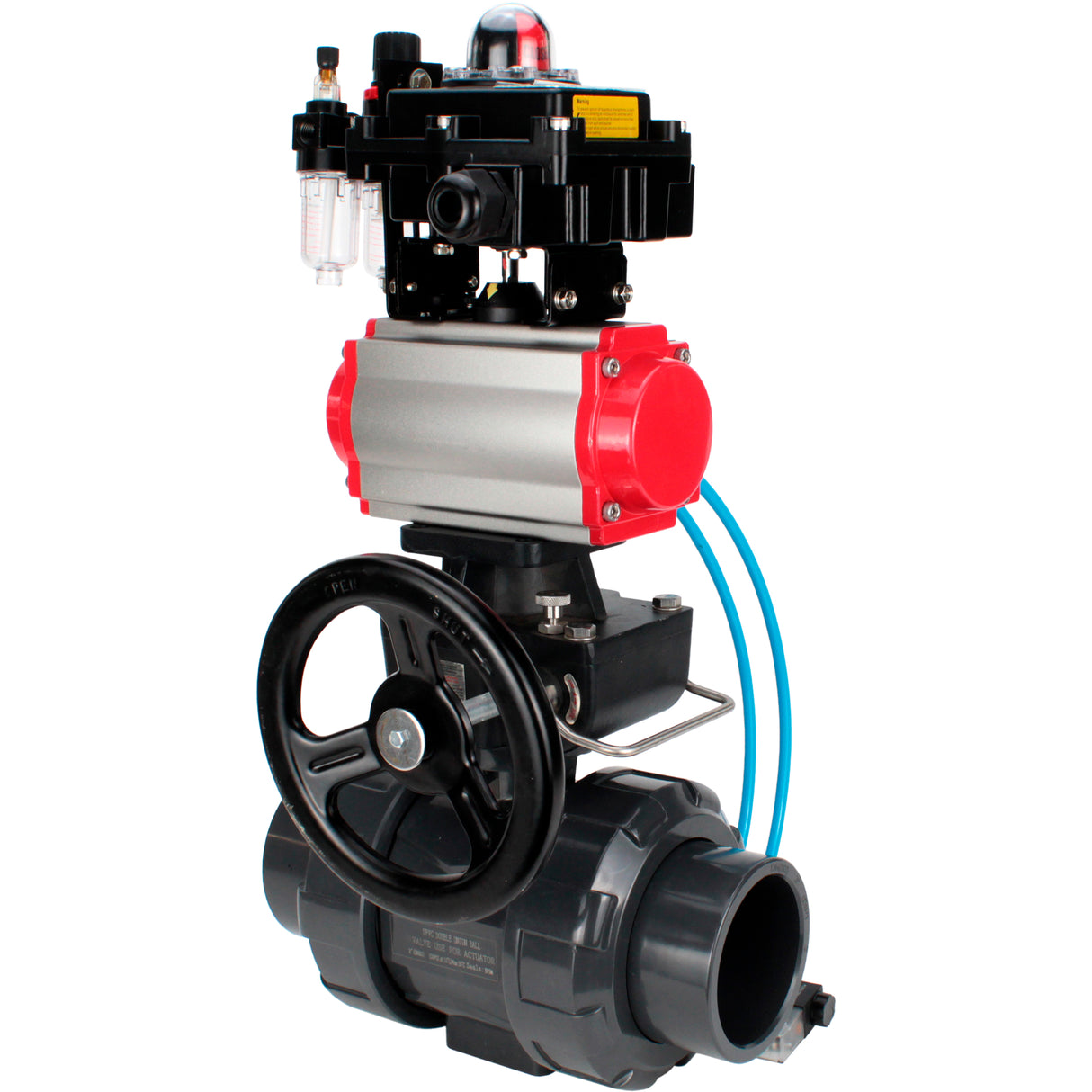 Ball valves Elephant BV4242E-FP-GRM-ISO, body material - UPVC, ball material - UPVC, seal - EPDM, with pneumatic actuator double action PA-DA, pneumatic distributor 4V320-08 220V, LSU APL-410N EX, ATU AFC2000 and handwheel MON
