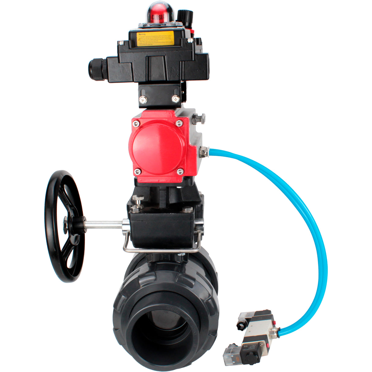 Ball valves Elephant BV4242E-FP-GRM-ISO, body material - UPVC, ball material - UPVC, seal - EPDM, with pneumatic actuator double action PA-DA, pneumatic distributor 4V320-08 220V, LSU APL-410N EX, ATU AFC2000 and handwheel MON