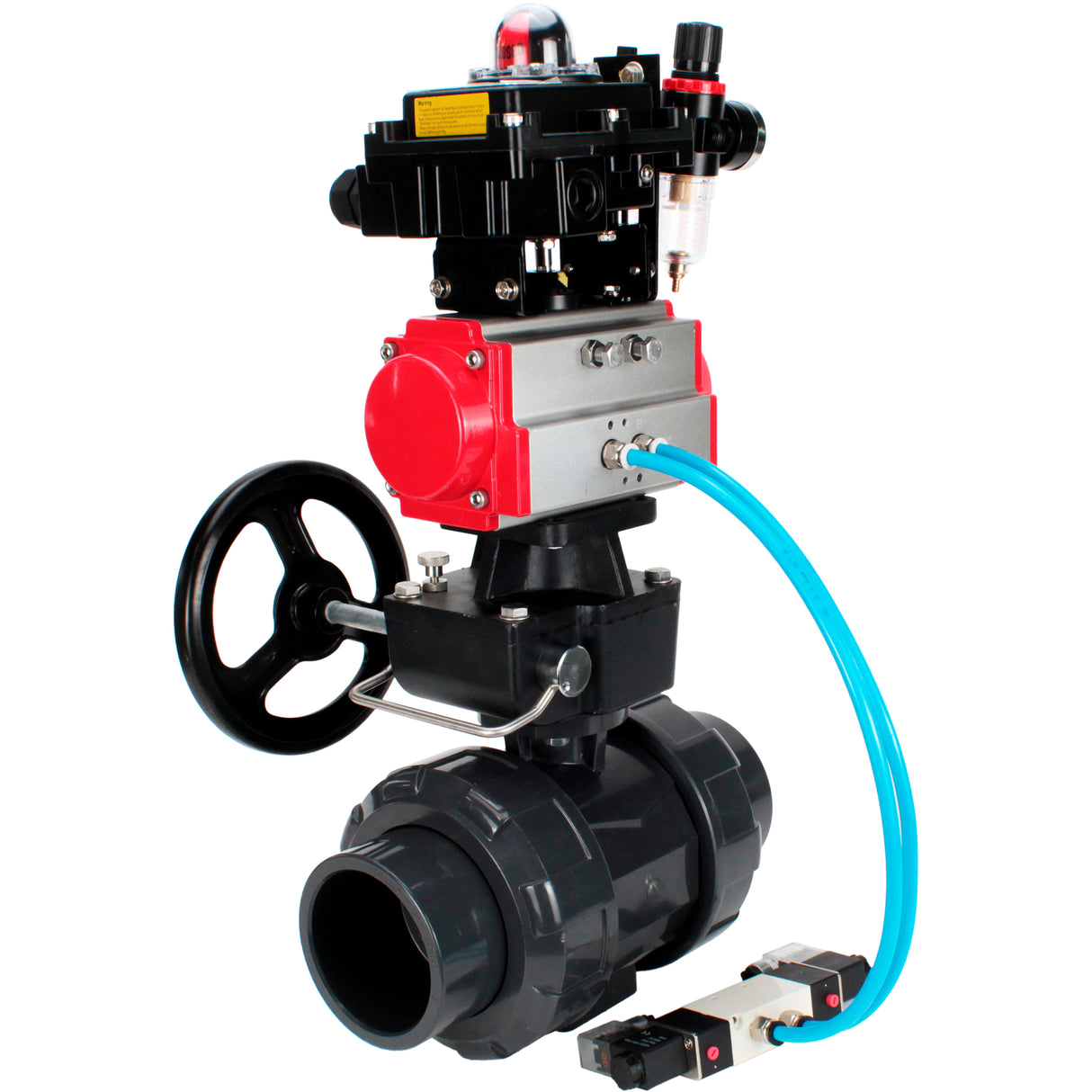 Ball valves Elephant BV4242E-FP-GRM-ISO, body material - UPVC, ball material - UPVC, seal - EPDM, with pneumatic actuator double action PA-DA, pneumatic distributor 4V320-08 220V, LSU APL-410N EX, ATU AFC2000 and handwheel MON
