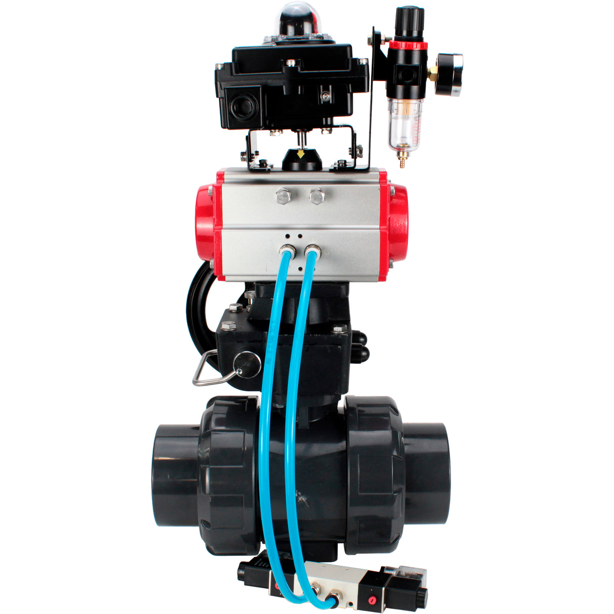 Ball valves Elephant BV4242E-FP-GRM-ISO, body material - UPVC, ball material - UPVC, seal - EPDM, with pneumatic actuator double action PA-DA, pneumatic distributor 4V320-08 220V, LSU APL-410N EX, ATU AFC2000 and handwheel MON