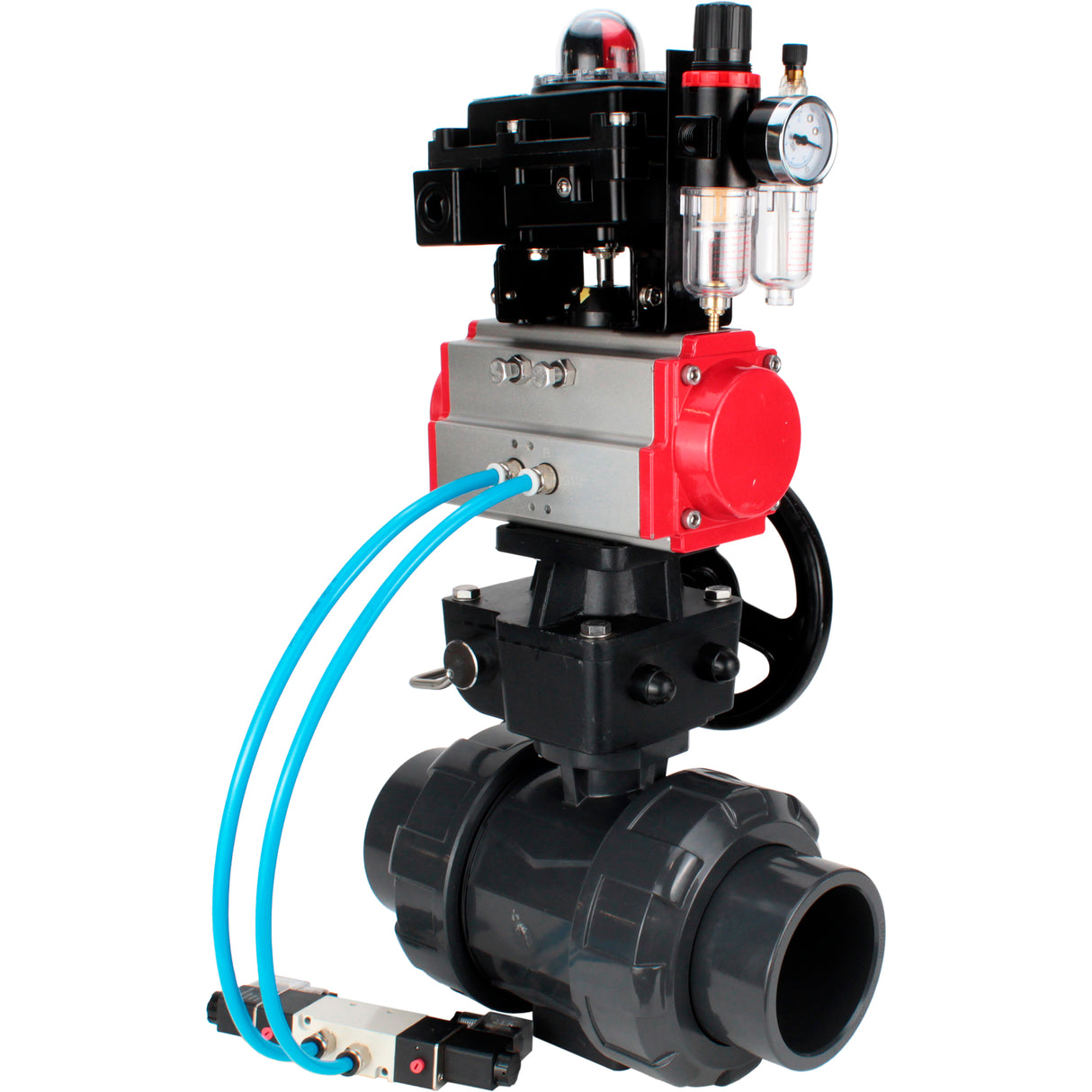 Ball valves Elephant BV4242E-FP-GRM-ISO, body material - UPVC, ball material - UPVC, seal - EPDM, with pneumatic actuator double action PA-DA, pneumatic distributor 4V320-10 220V, LSU APL-410N EX, ATU AFC2000 and handwheel MON